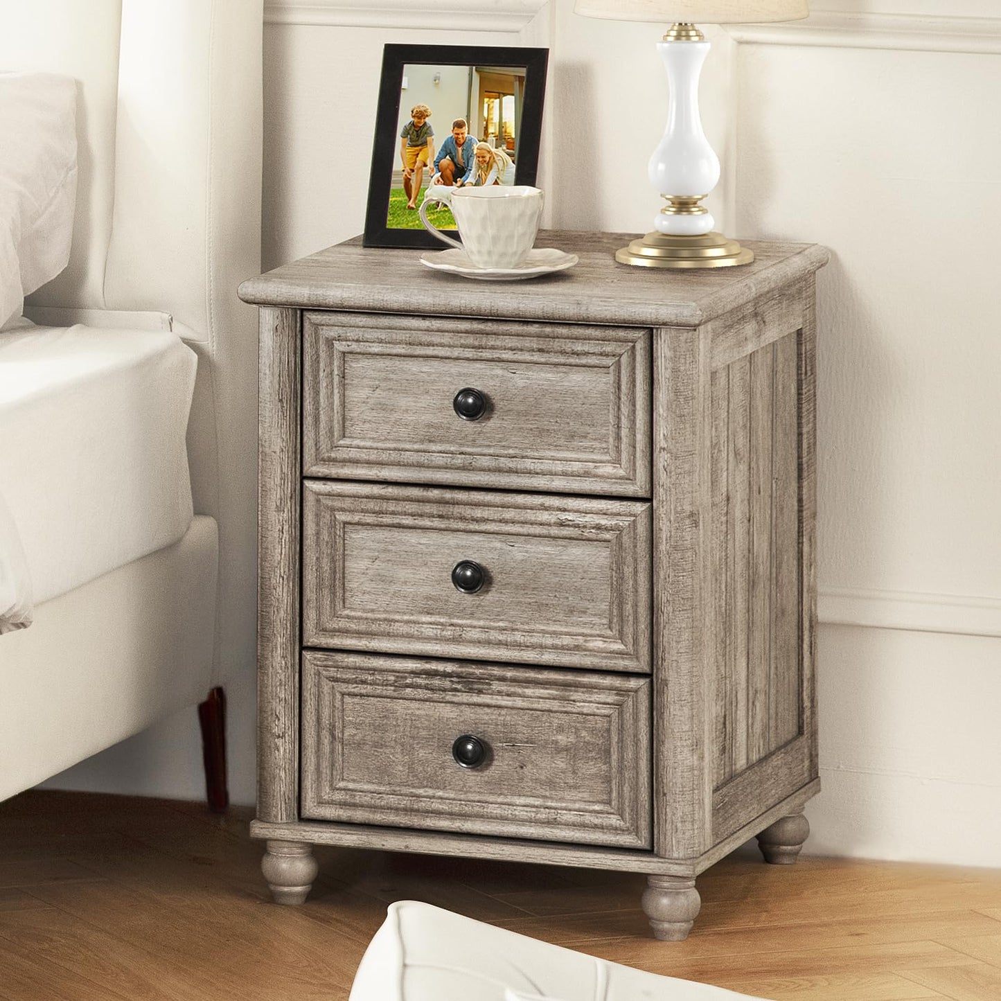 RWYHG 18" Farmhouse Night Stand Set of 2, Gray Wood Nightstand with 3 Drawers, Bedside End Table with Storage and Roman Column, Bed Side Tables Cabinet for Bedroom, Living Room, and Closet