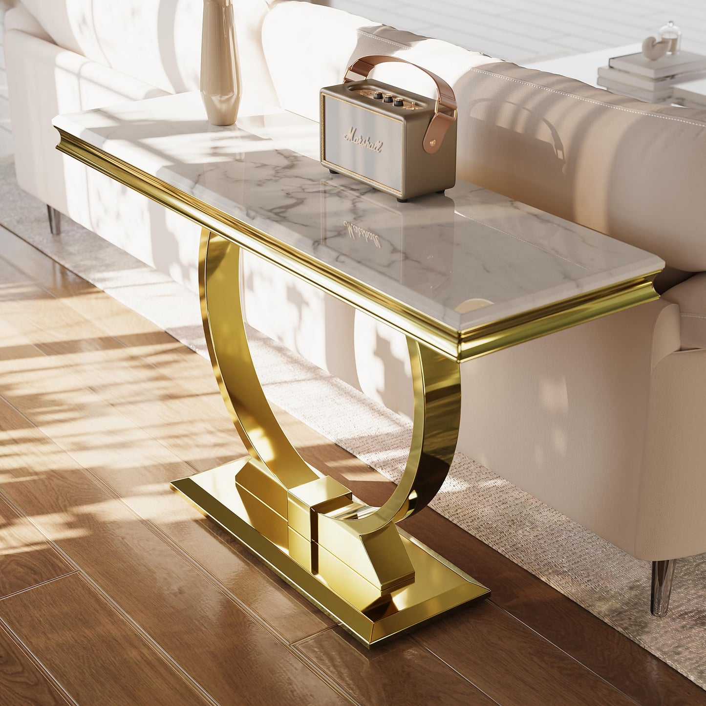 Asday Gold Console Table, 50 Inch Glam White and Gold Entryway Table with U-Shaped Base, Polished Gold Entrance Table with White Top for Entryway, Hallway, Foyer