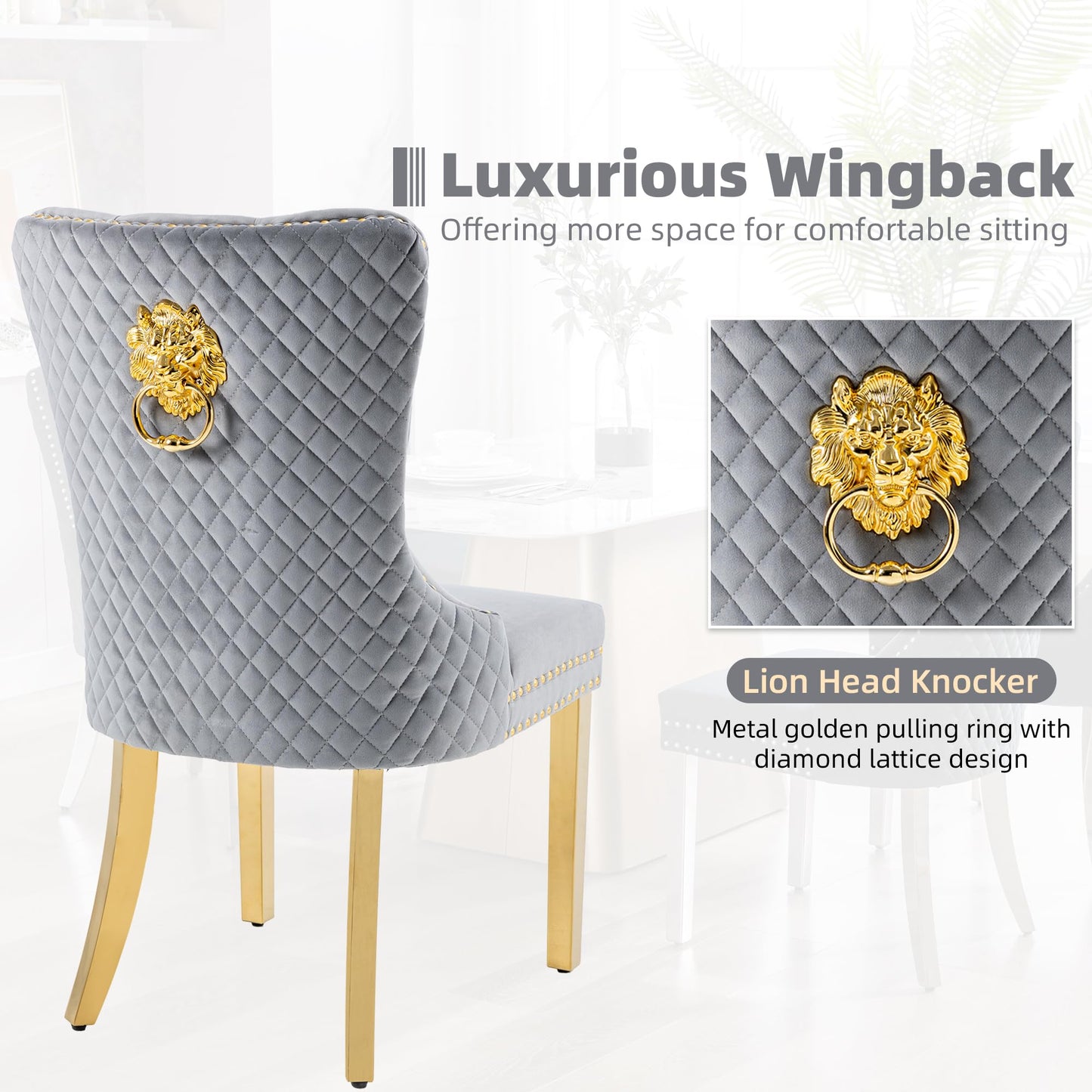 GOOLON Velvet Dining Chairs Set of 4, Upholstered Dining Room Chairs, Mid-Century Modern Chairs with Diamond Lattice Tufted Back, Lion Pull Ring Rivet Trim, Golden Metal Legs for Kitchen, Light Grey