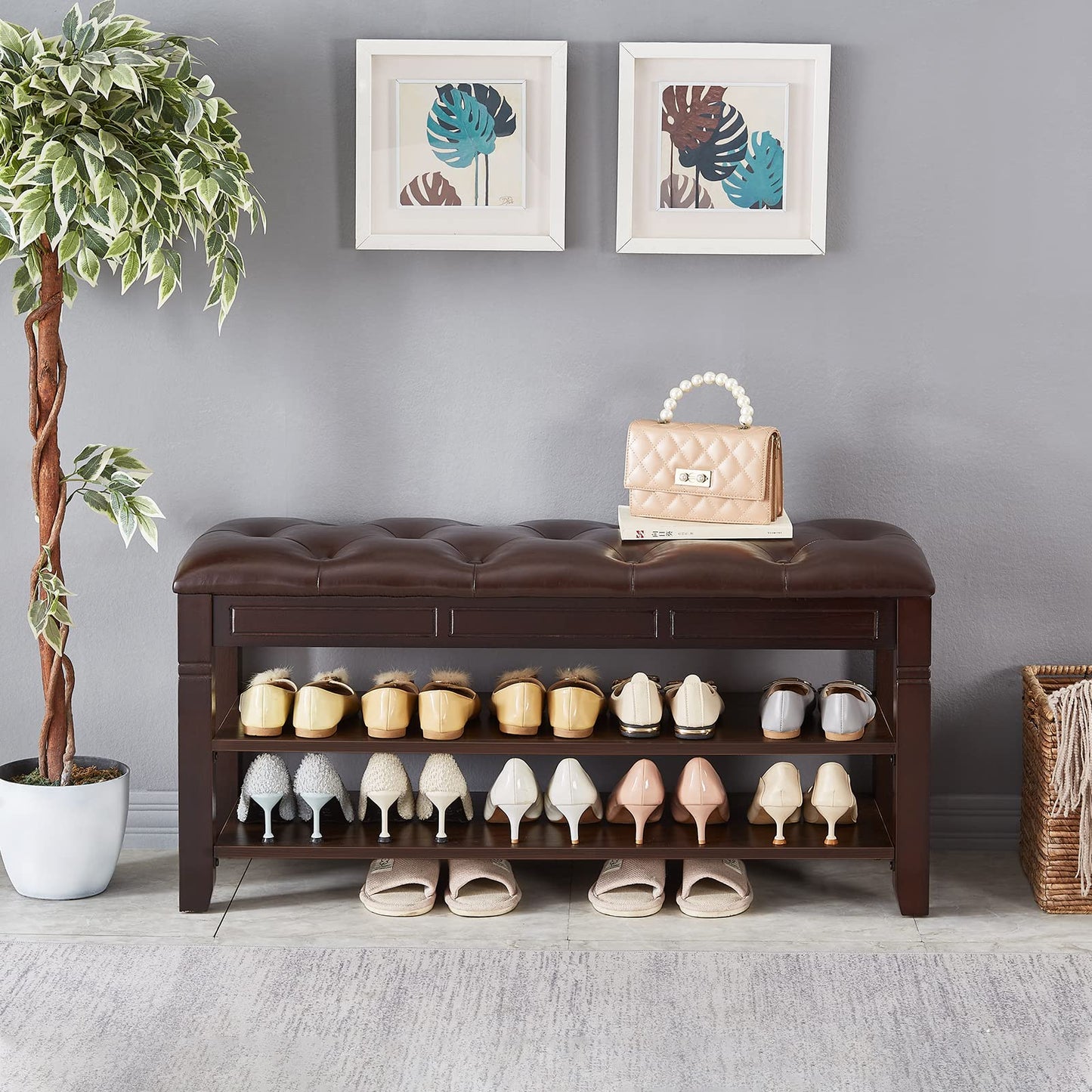 ZIRKOOON Shoe Storage Bench, Entryway Shoe Rack with Fiberleather Seat 2-Tier Lift Top Organizer Wooden Shoe Bench for Entryway Hallway Living Room (Dark Brown 39.4x13.8x18.9'')