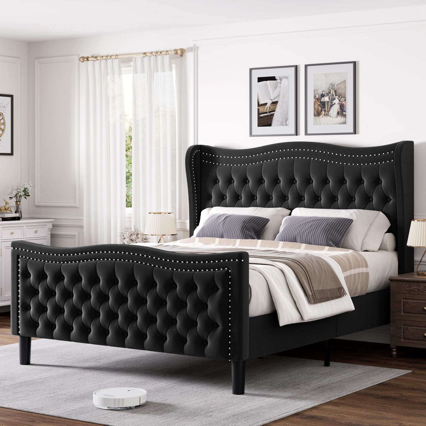 Generic Queen Bed Frame, 52"" Headboard Upholstered Bed with Tall Footbaord, Velvet Upholstered Deep Button Tufted Wingback Platform Bed, No Box Spring Required/Wood Slat Support/Black