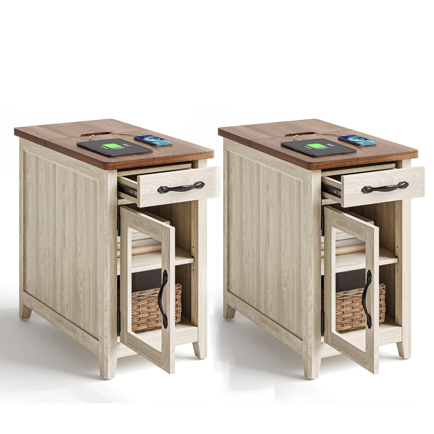 LINSY HOME End Table Set of 2 with Charging Station, Modern Farmhouse Sofa Couch Side Table, Wooden Bedside Table for Living Room, Slim Nightstand with Storage for Small Space, White Oak, Glass Door