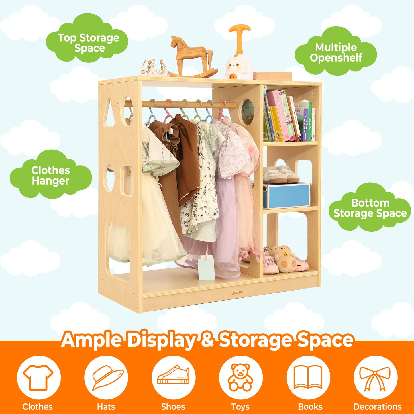 Bateso Kids Dress Up Storage for 1-3 Years Old Boys and Girls, Wooden Kids Wardrobe with Open Hanging Costume Area and Stroage Shelves, Baby Closet Organizer Center for Bedroom, Playroom