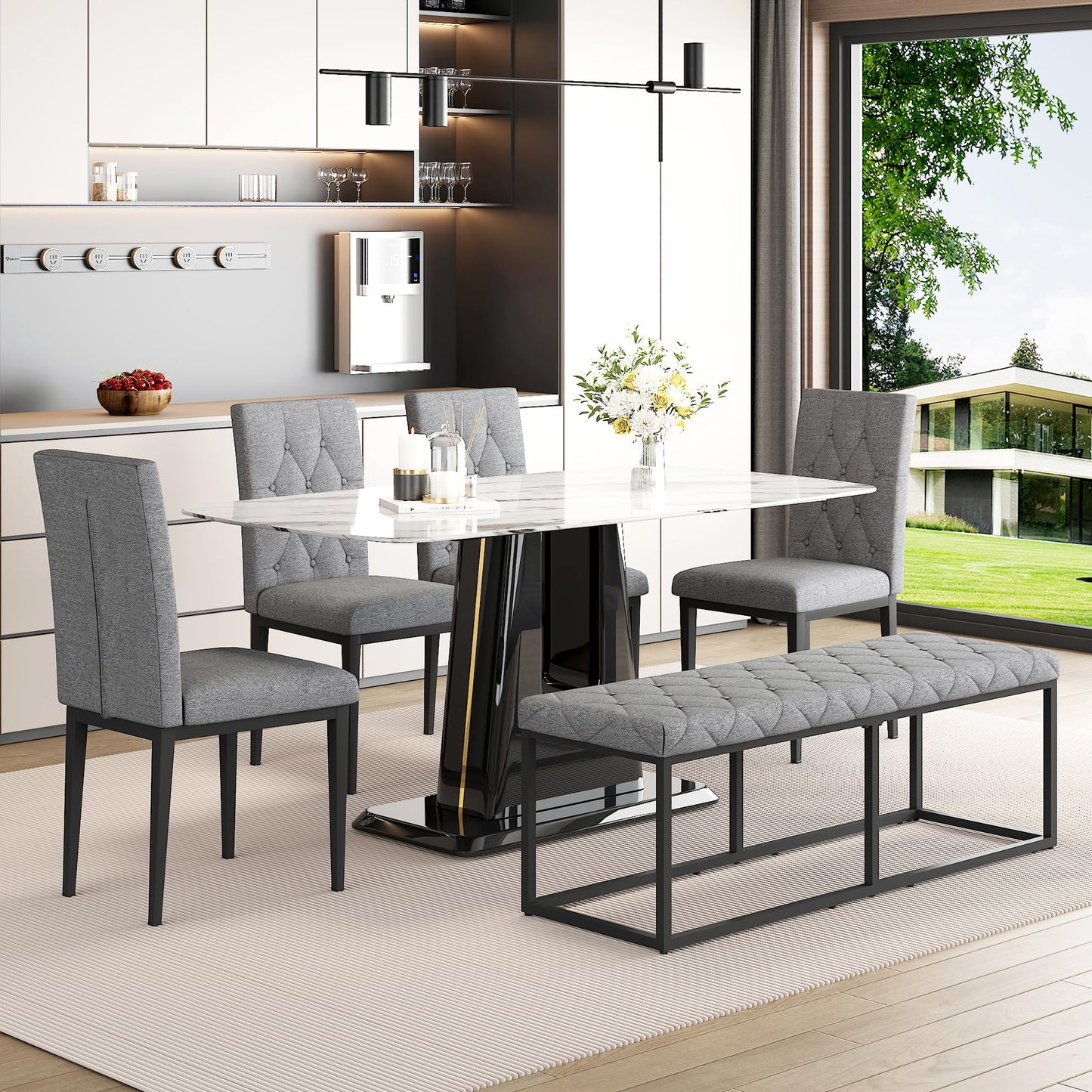 Modern Dining Room Table Set for 6,Marble Dining Table Set with Marble Tabletop,Kitchen Table Set with 4 Linen Tufted Chairs 1 Bench,63'' Kitchen Table Chairs Set for 6,6 Piece Dining Room Table Set