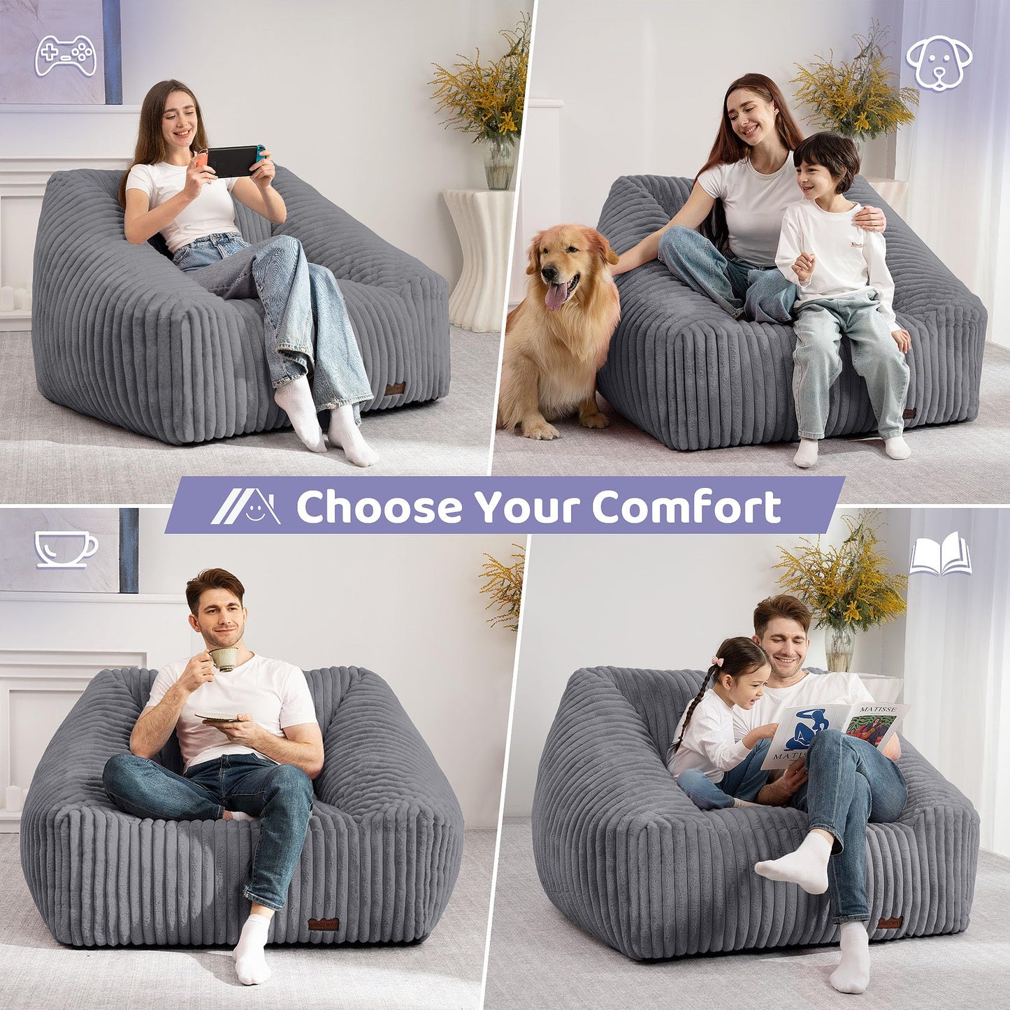 HABUTWAY Bean Bag Chair, Giant Bean Bag Chairs for Adults and Kids, Bean Bag Sofa, Lazy Floor Sofa, Faux Fur Beanbag Chair with Armrests for Living Room Bedroom (Grey)