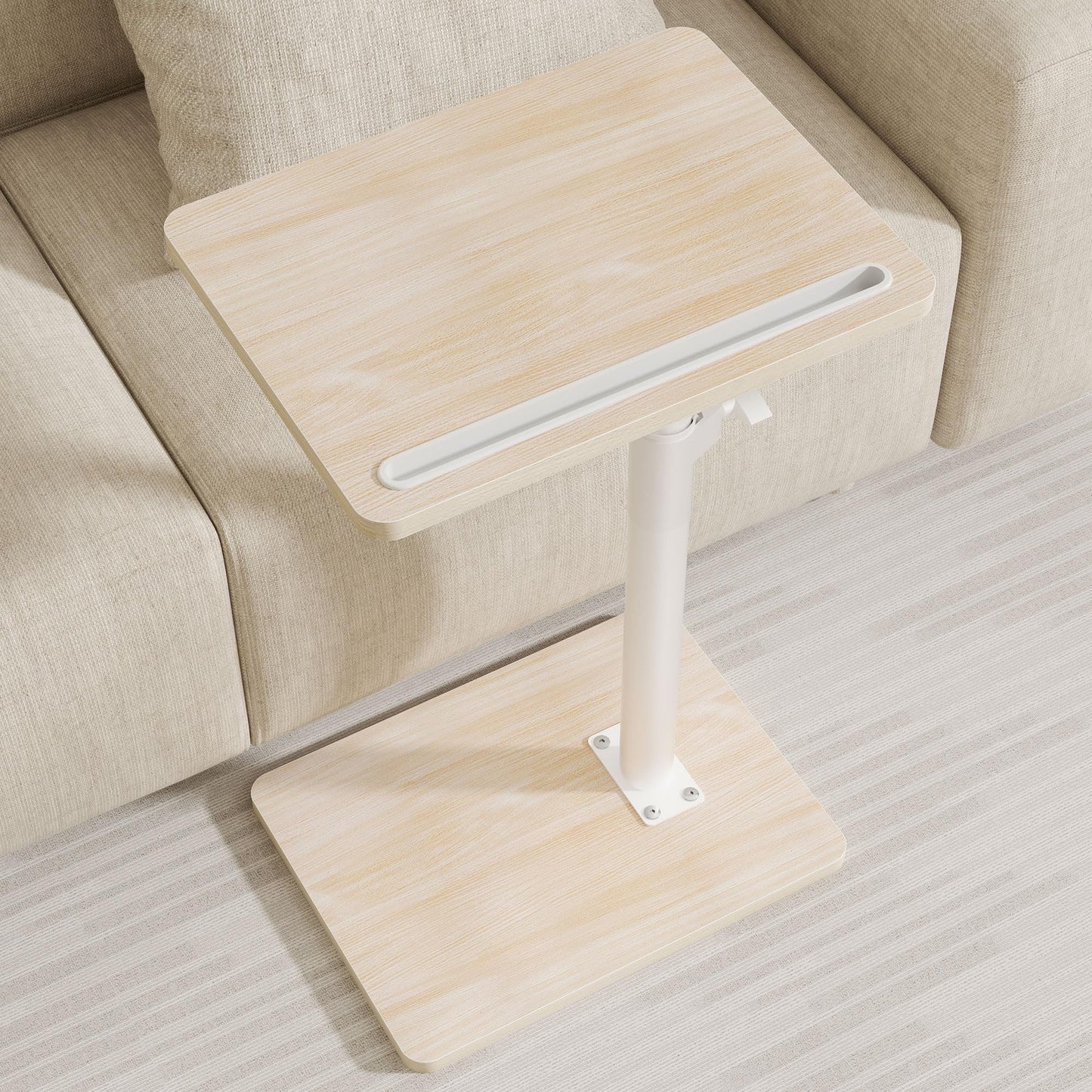 YUHFERA Sofa Armrest Tray Table for Couch - 360° Swivel Height Adjustable End for Small Spaces, Snack Side Table for Bed or Chair with Phone & Tablet Slot (Oak,Standard)