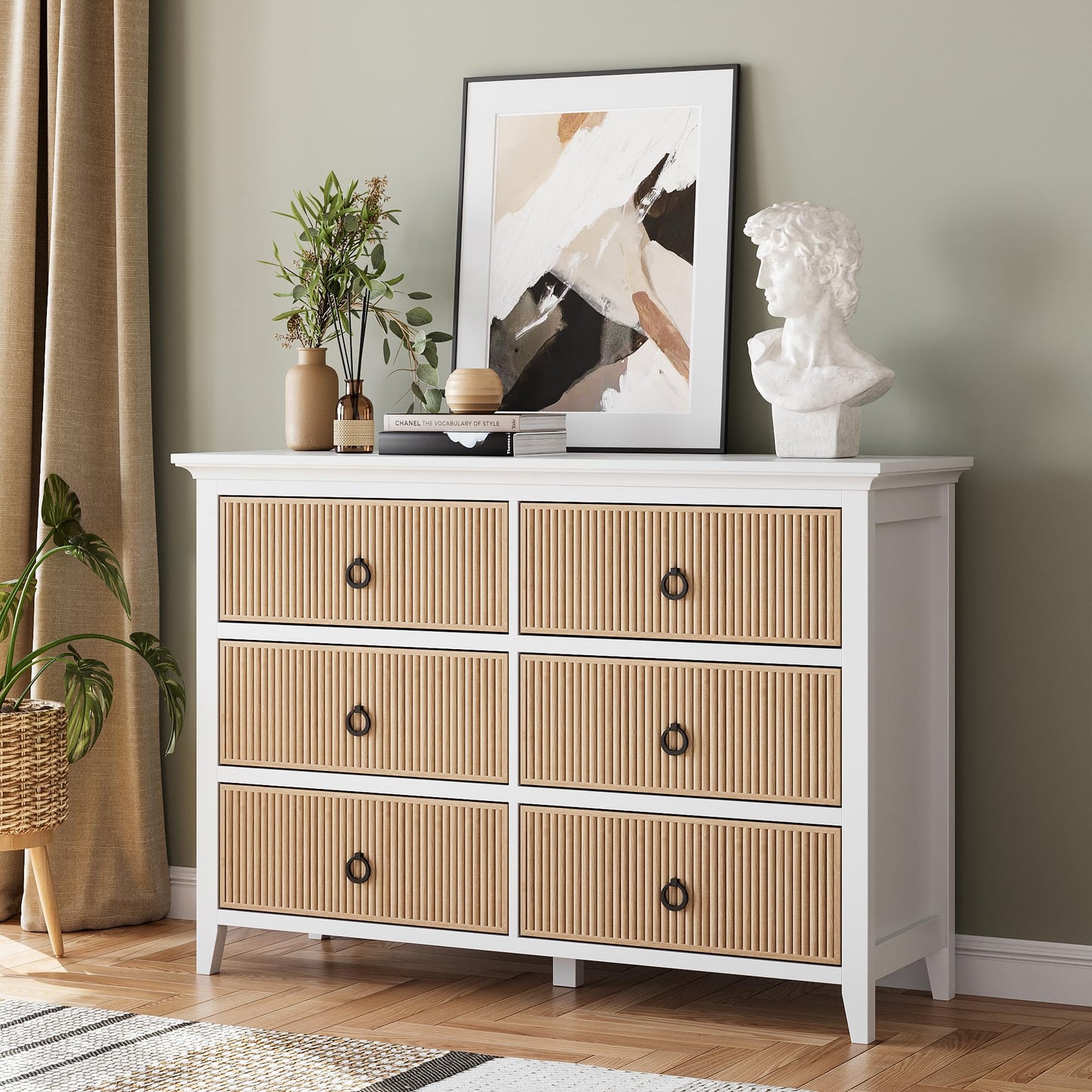 GAOMON 6 Drawer Dressers for Bedroom, Modern Long Dresser Chest with Large Drawer, Waveform Fluted Panel Design, Wooden Chest of Dresser Storage Cabinet Organizer, Antique Profile, Anti-Tipping