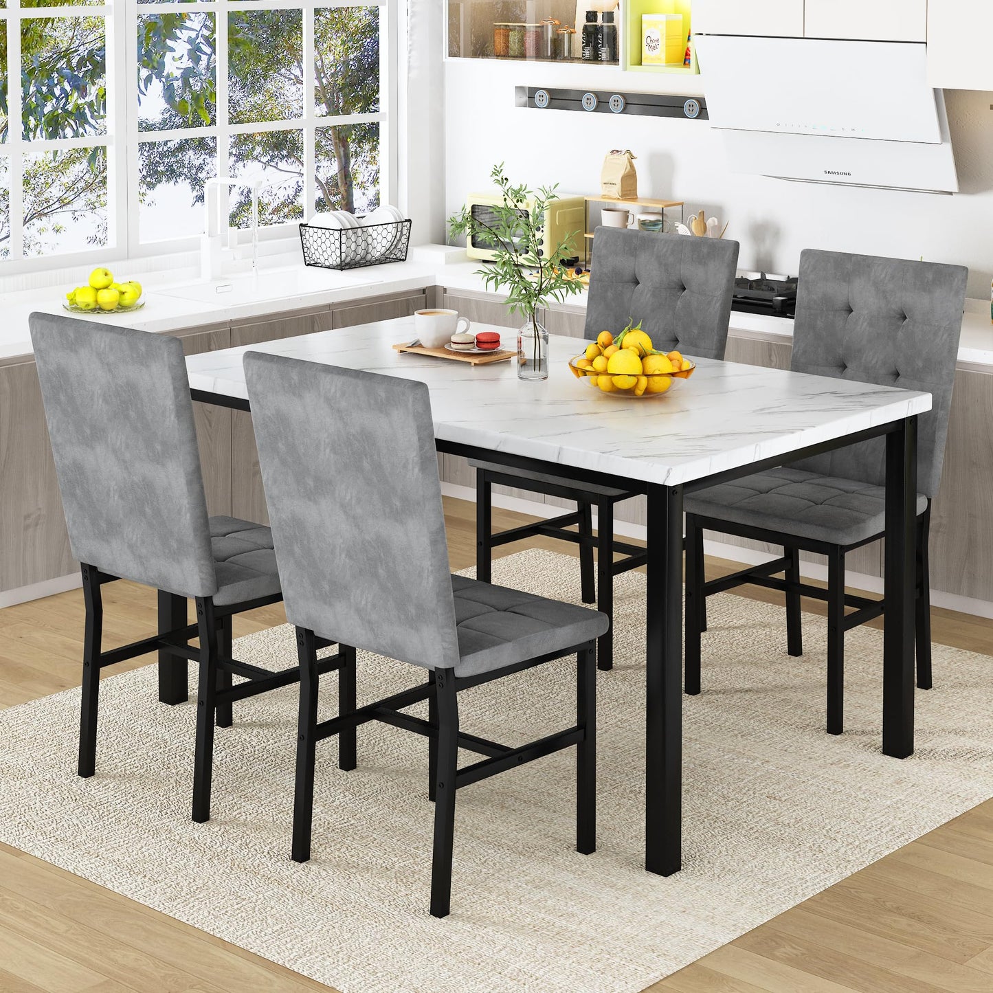 Hooseng Dining Room Table Set 5 Piece Dining Table Set Marble Dining Table 4 Chair Dining Table Set for Kitchen Living Room Breakfast Small Spaces (Grey)