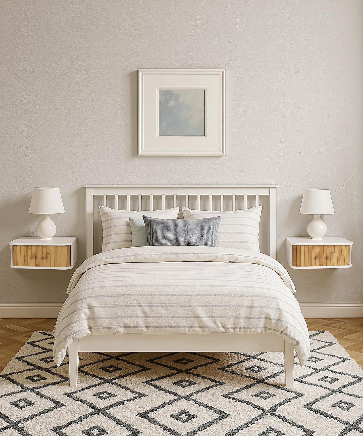 SUMGAR Floating Nightstand White Bedside Table Modern Boho Organiser Small Spaces Wall Mounted Shelf Storage with Drawers Wood Bamboo Natural Hanging Furniture for Bedroom Home Decor