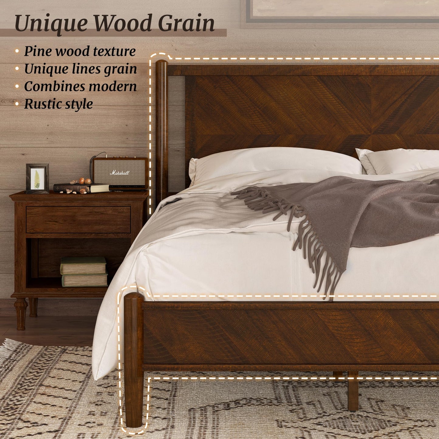 Cozyman Bed Frame King Size and Headboard, Acacia Wood, No Box Spring Needed, Herringbong Pattern, 800 lbs, Non-Slip Without Noise, Walnut
