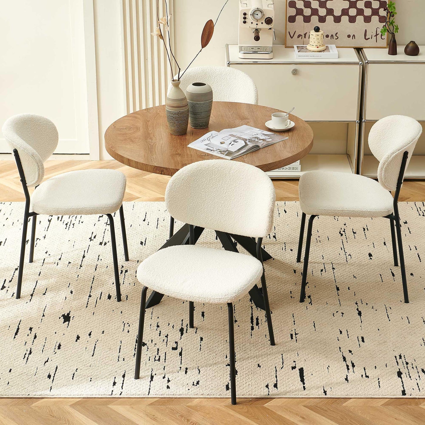 Homedot Round Dining Table Set for 4, Modern 5-Piece Kitchen Table Set, 37" Round MDF Living Coffee Table with 4 Seated Boucle Dining Chairs Upholstered, Metal Legs for Dining Hall, Living Room