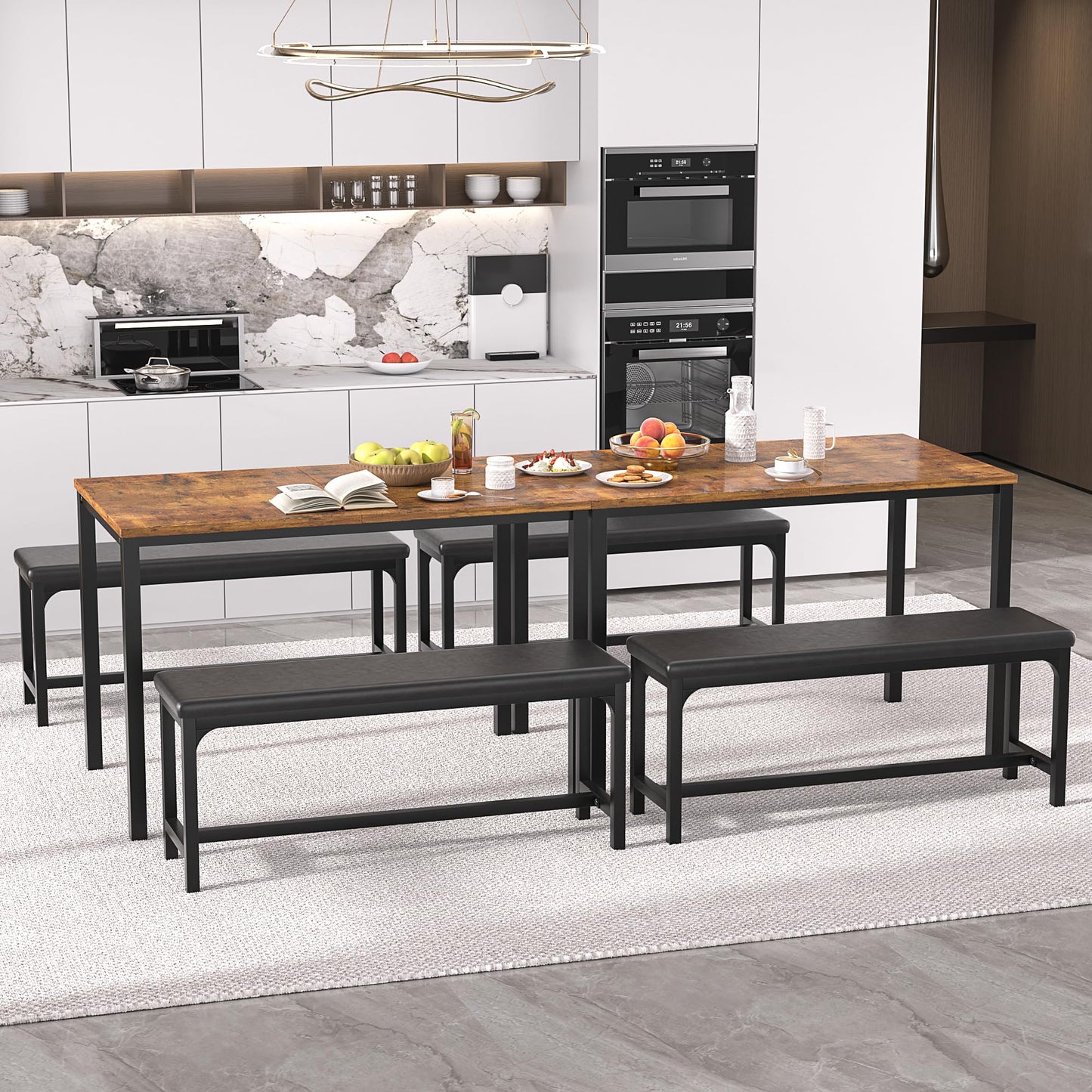 VECELO 3-Piece 63" Extendable Kitchen Table with Benches/Chairs, Modern Breakfast Dinette/Dining Room Set for 4/6/2, Small Space Saving Design, Easy Assembly