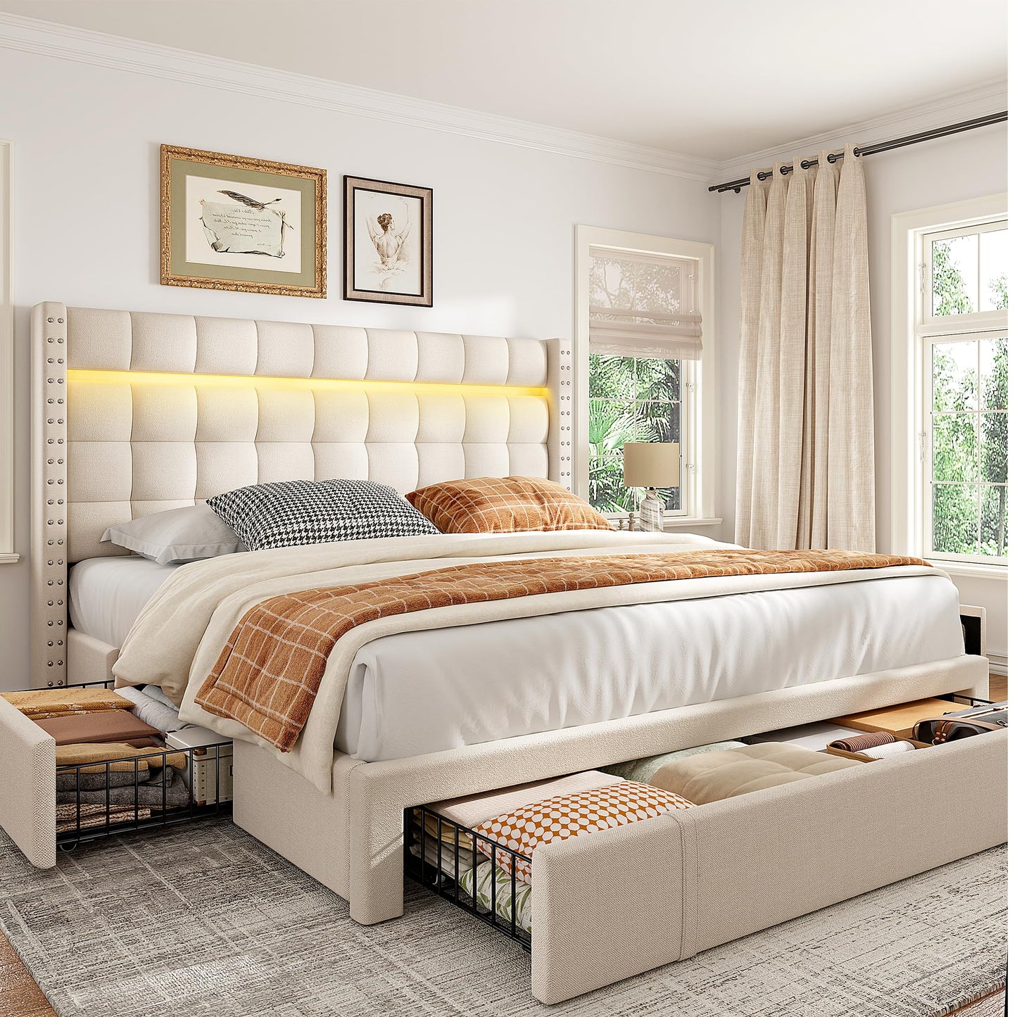EnHomee Queen Bed Frame with 3 Storage Drawers Upholstered Bed Frame Queen Size with LED and Adjustable Headboard Noise Free No Box Spring Needed Easy Assembly, Beige