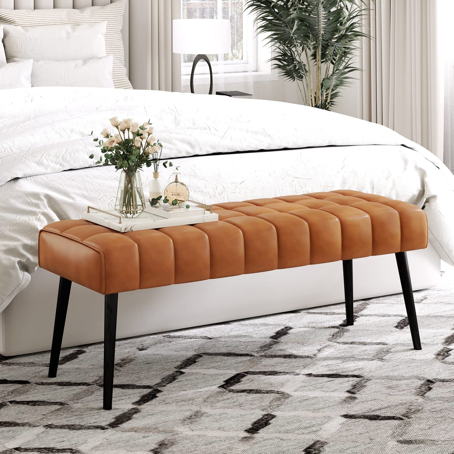 LUE BONA Entryway Bench, 44.5'' Leather Upholstered Bedroom Benches, End of Bed Bench with Metal Legs, for Decorative, Living Room, Dining Room, Whiskey Brown