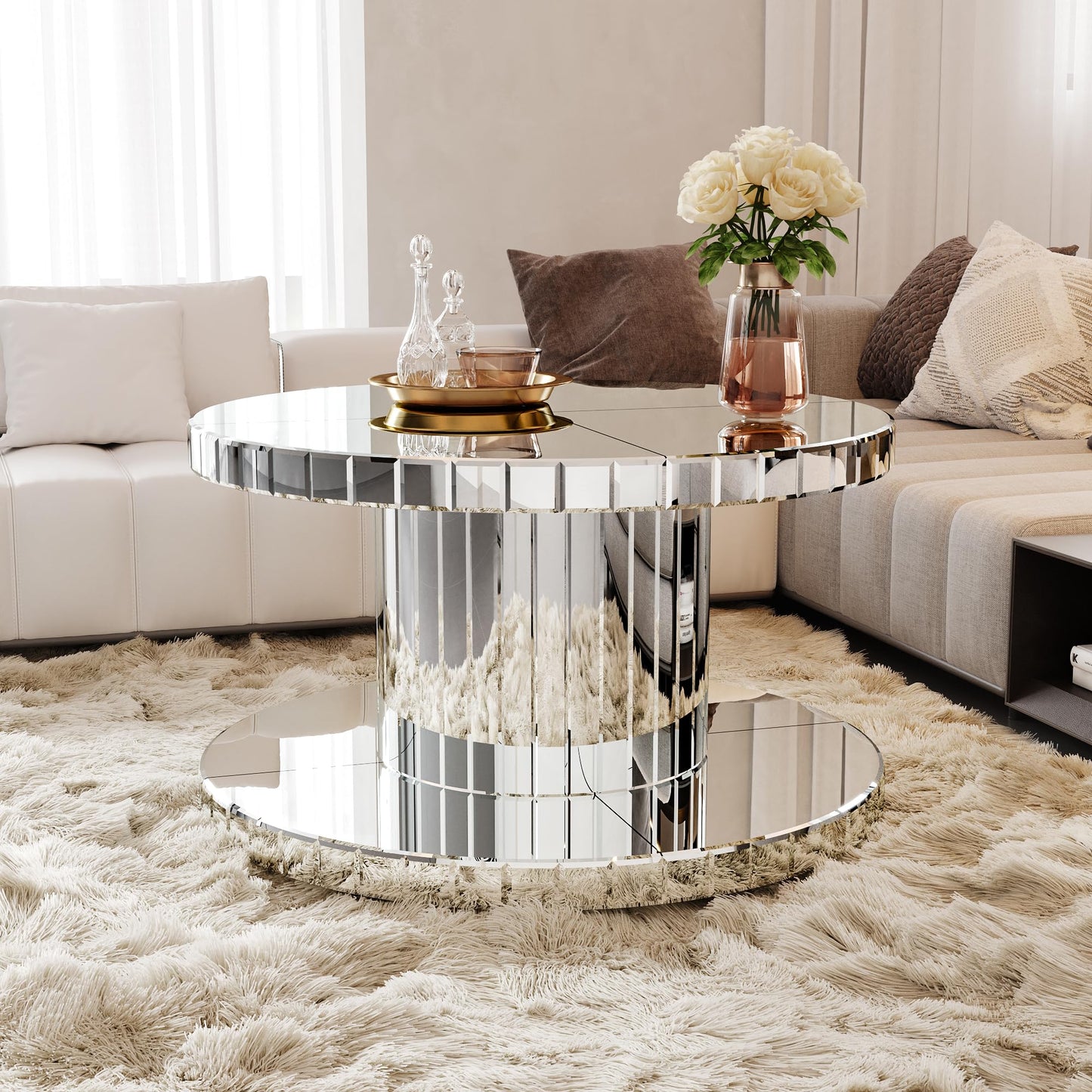 Maotifeys Round Mirrored Coffee Table with Silver Mirror Cylinder Frame, 31.5" Modern Glass Sofa Table Gorgeous Circle Mirror Center Tables for Living Room, Office