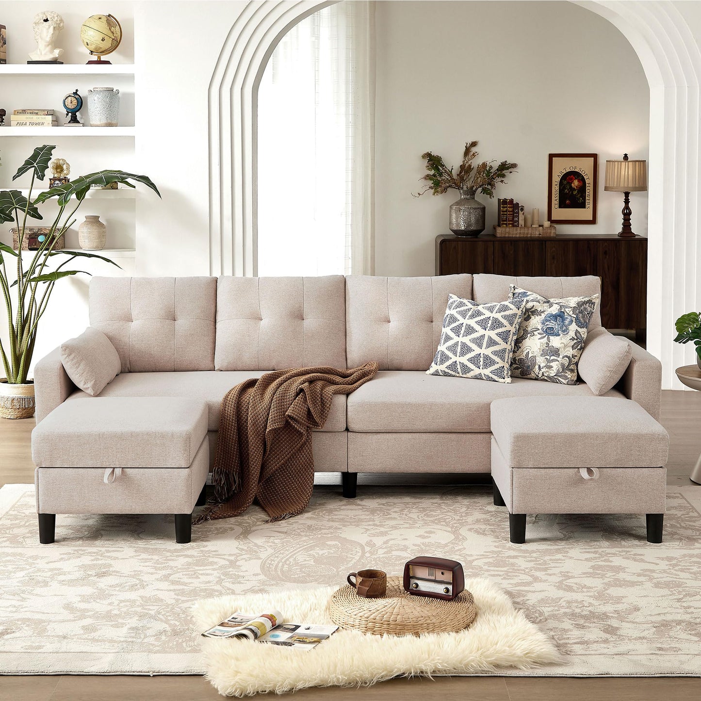 Enobala 101" Sectional Sofa 4 Seat U Shaped Couch with Storage Ottoman for Living Room, Reception Room ect, Combination Sectional Couch with Movable Ottoman Sets, Beige