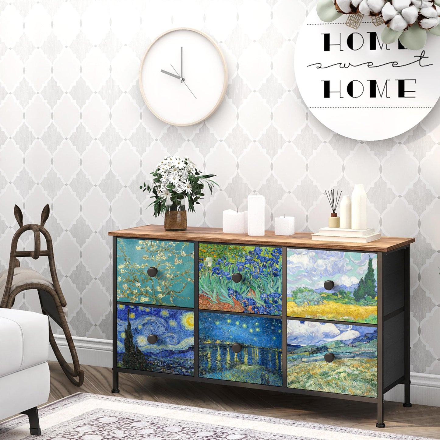 EXOTICA 6 Drawer Dresser for Bedroom Van Gogh Chest of Drawers Wide TV Stands Fabric Storage Drawer Unit for Living Room Entryway Closet Sturdy Steel Frame Wood Top
