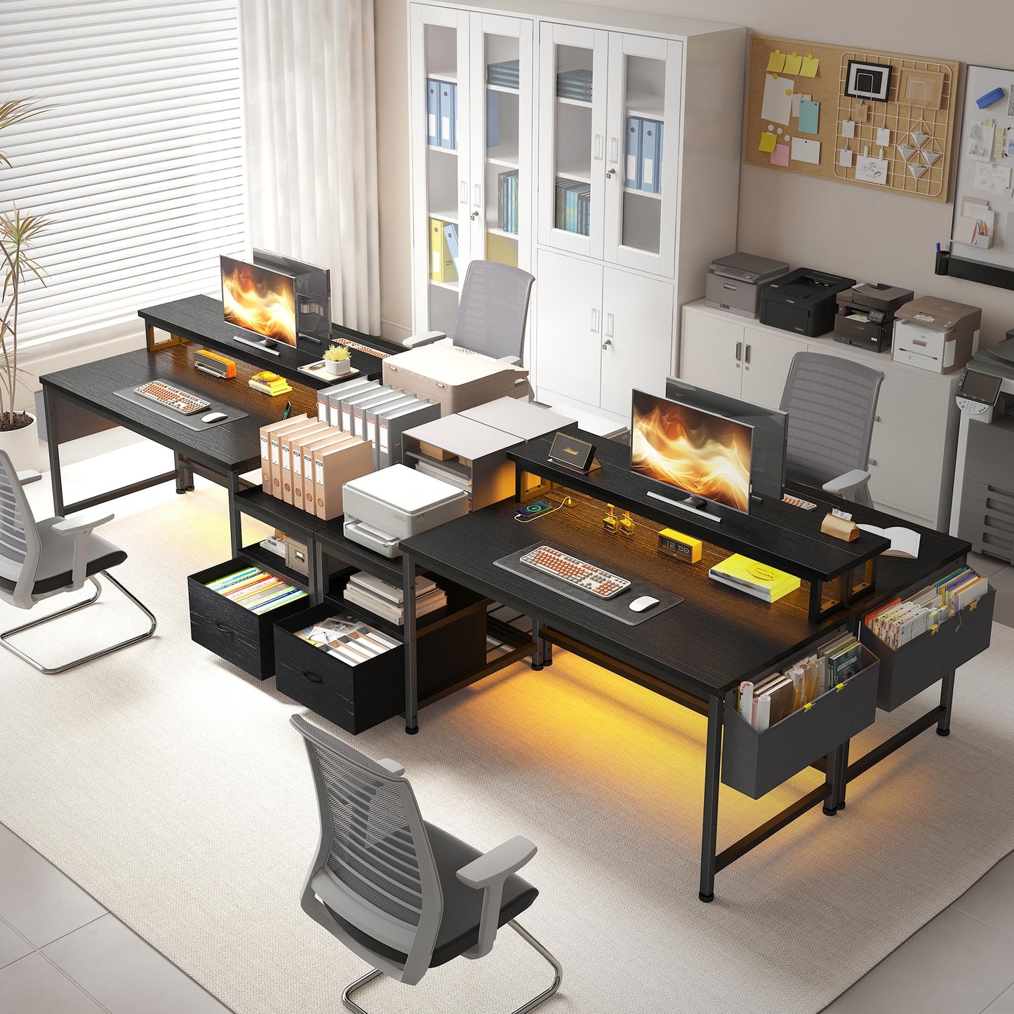 Gaming Desk with Power Outlets and LED Lights,57" Computer Desk with Drawers and Printer Space,Office Desk with File Drawers Cabinet,Gaming Table with Shelves Monitor Stand,Living Room,Bedroom,Black