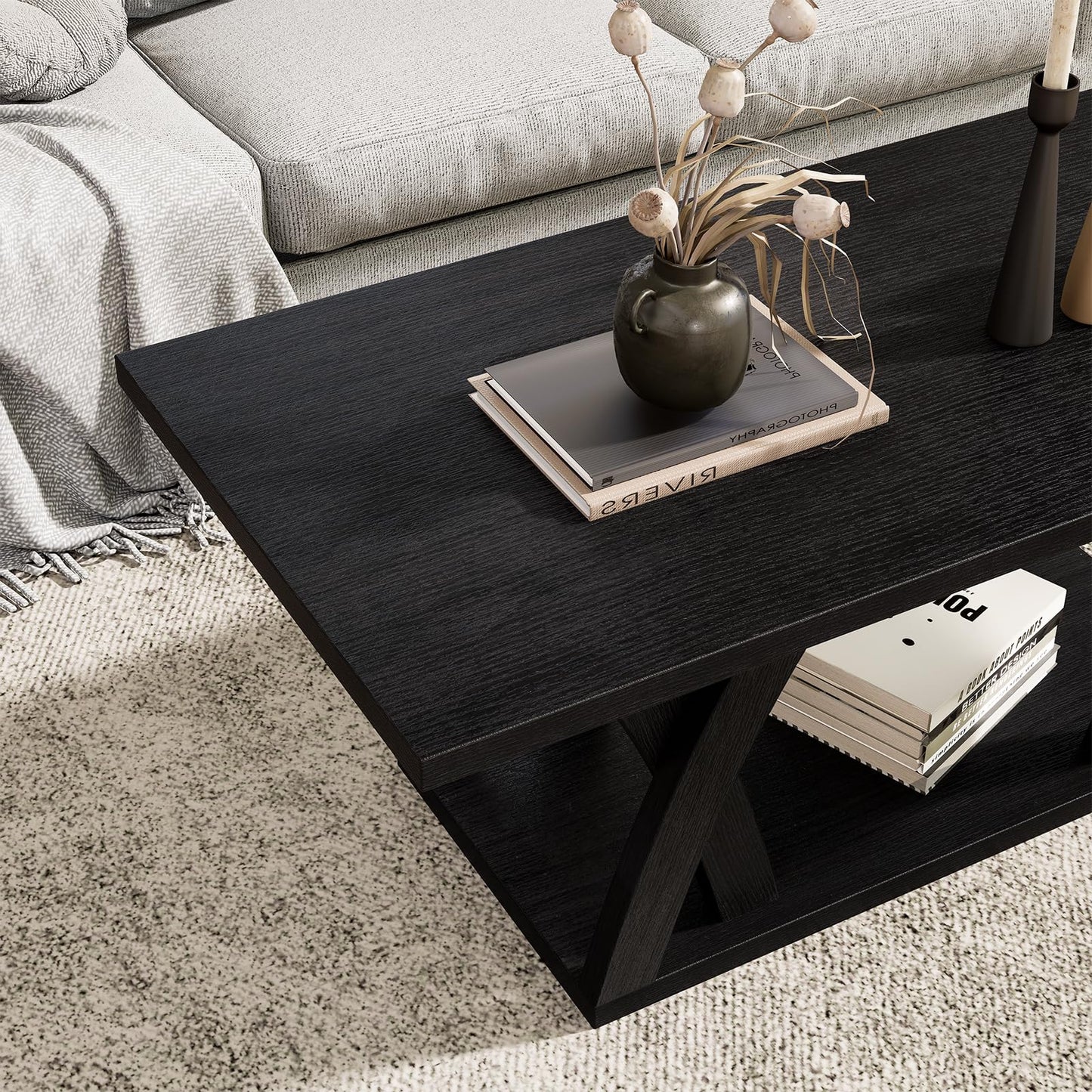 FROMJBEST Farmhouse Coffee Table with Shelf, Mordern CoffeeTable, Black Coffee Table Living Room, Living Room Tables,47” Black with Grey
