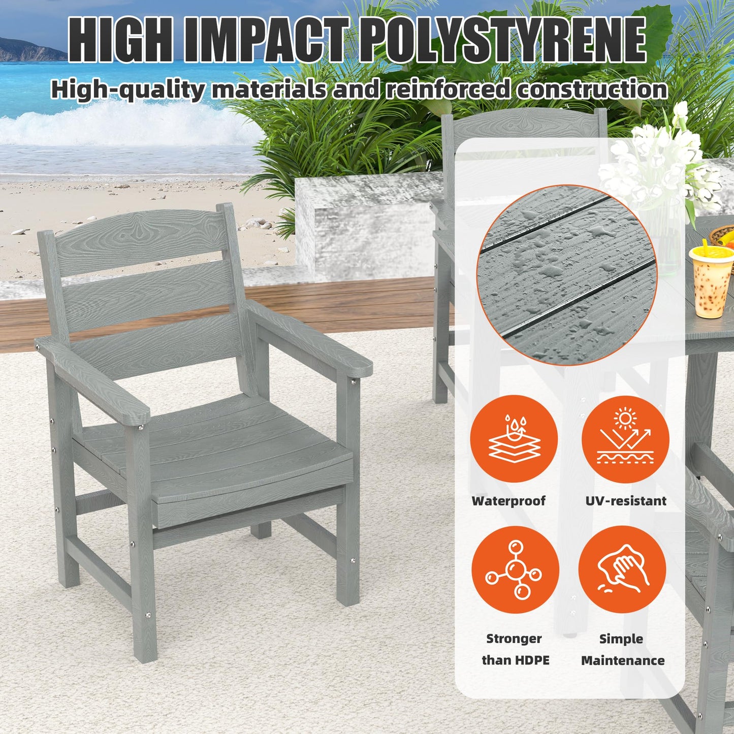 Sunnibety 5-Piece HIPS Patio Dining Set, Outdoor Dining Table and Chairs Set with Umbrella Hole, Weatherproof Dining Table Set for 6 Person, Patio Furniture Set for Outside Deck, Grey