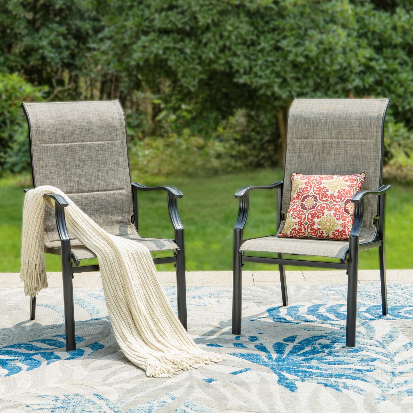 PHI VILLA Outdoor Dining Chairs Set of 4, High Back Textilene Fabric Padded Armchairs with E-Coated Steel Frame for Patio, Porch, Deck, Yard