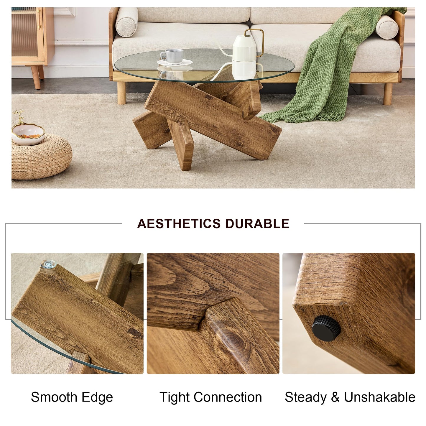 Natural Round Glass Coffee Table,33-Inch Small Modern for Living Room Clear Circle Accent Table Adapts to Farmhouse and Contemporary Decor