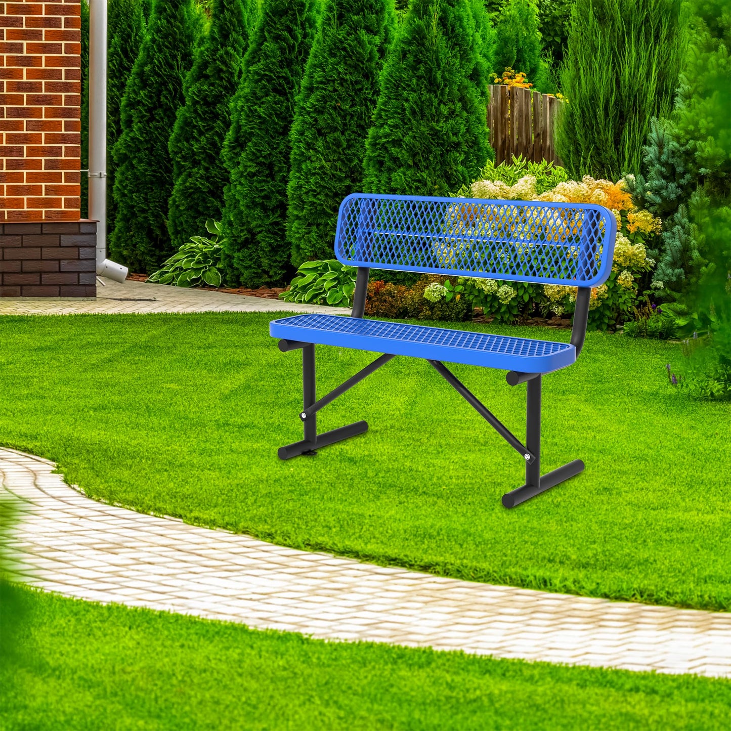 Sunnibety 4 Feet Heavy Duty Metal Park Bench for Outside, Outdoor Bench with Backrest & Portable Frame, Commercial Benches for Shopping Malls, Stores, Parks, Patios, Decks, Blue