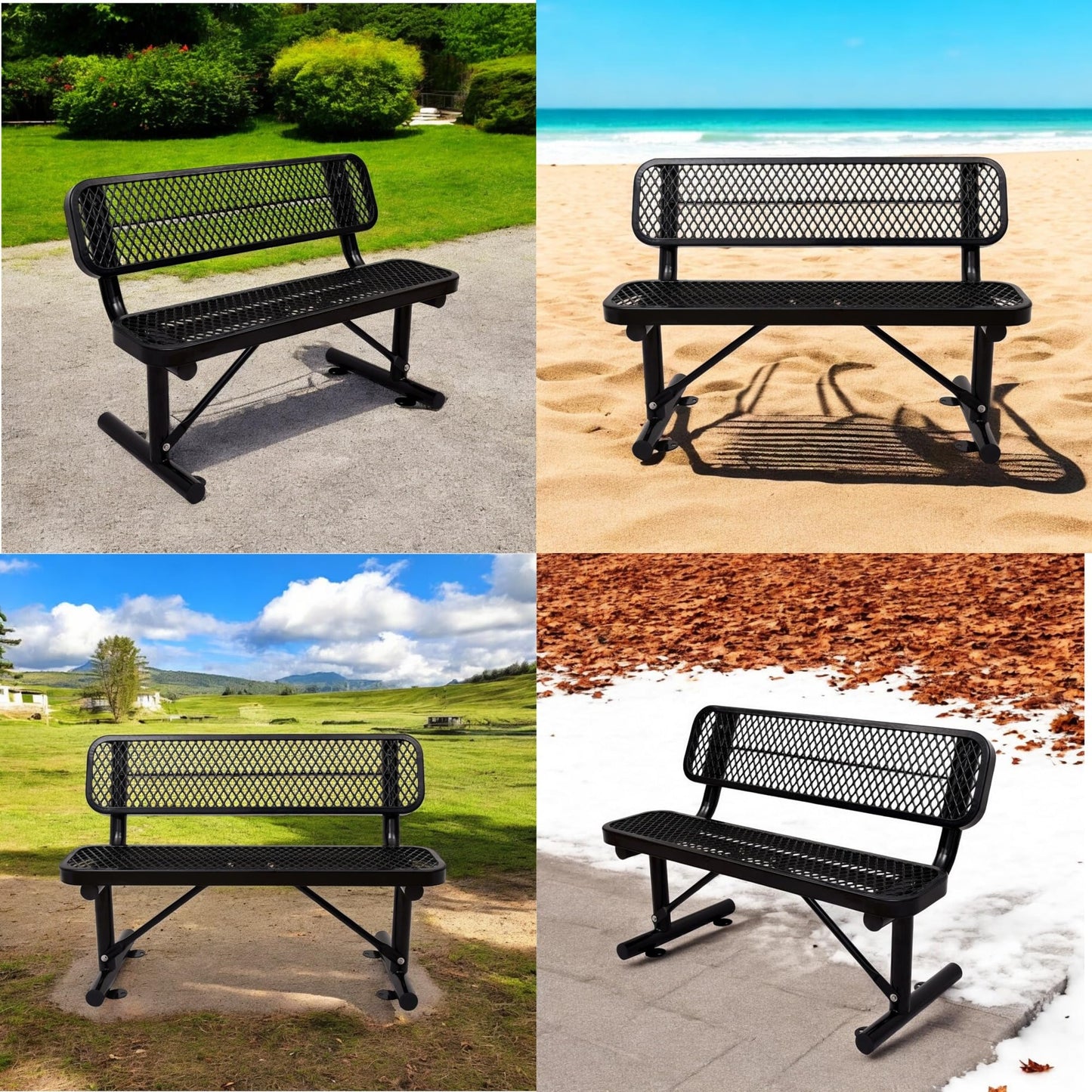 HIMcup 4 FT Heavy Duty Metal Park Bench with Back for Outside, Outdoor Black Bench with Backrest & Portable Frame, 1-3 Person Seat-Commercial Benches Garden Benches for Outdoors