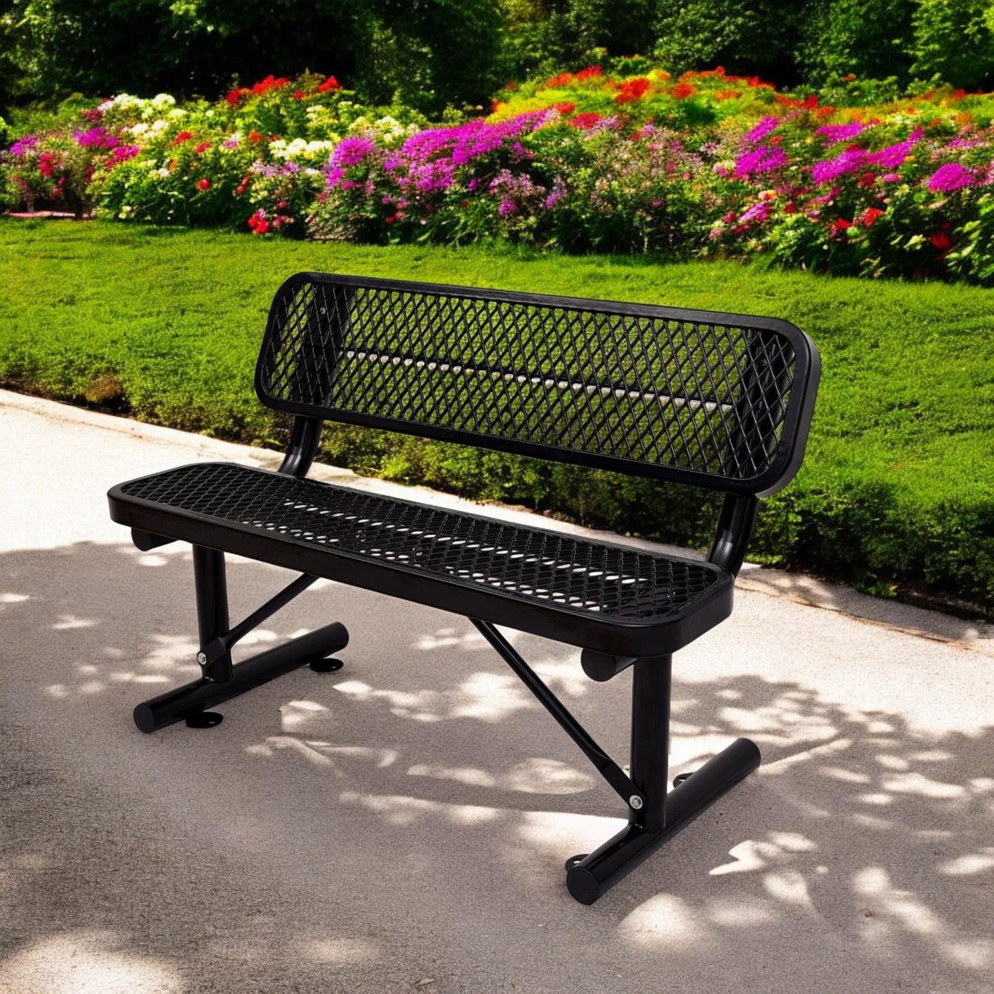 HIMcup 4 FT Heavy Duty Metal Park Bench with Back for Outside, Outdoor Black Bench with Backrest & Portable Frame, 1-3 Person Seat-Commercial Benches Garden Benches for Outdoors