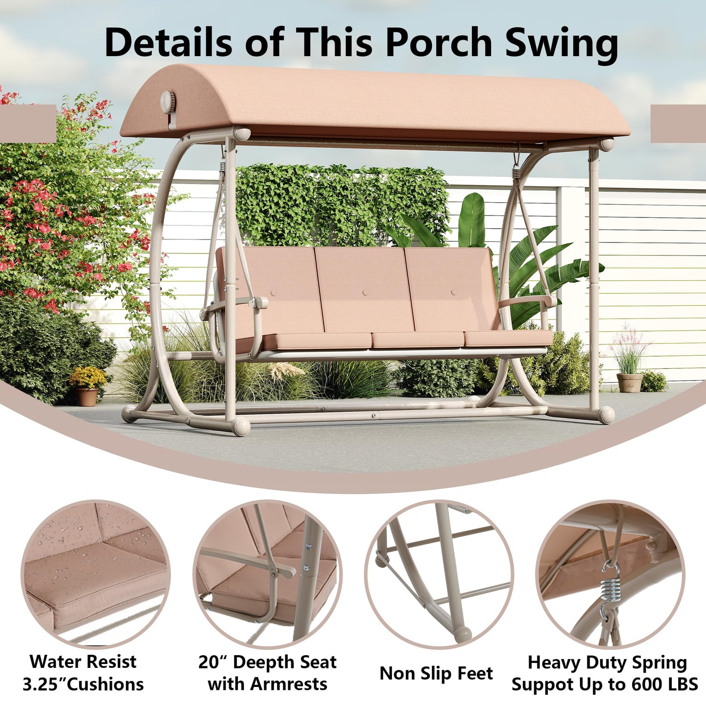 DAYARUS Modern Porch Swing with Stand, 3 Person Outdoor Patio Swings with Canopy, All Weather Backyard Swing for Adults, 2 in 1 Patio Swings Bed with Cushions, 600LBS Heavy Duty Outdoor Swing, Khaki