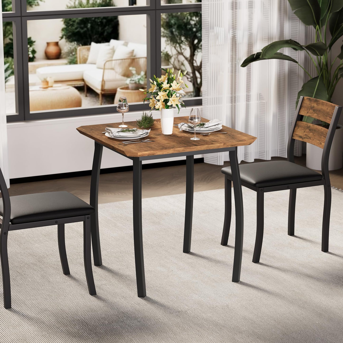 GarveeHome 3 Piece Dining Table Set for 2, Farmhouse Kitchen Table and Upholstered Chair, Metal Frame Square Dining Room Furniture for Small Space, Apartment, Studio, Black+Retro