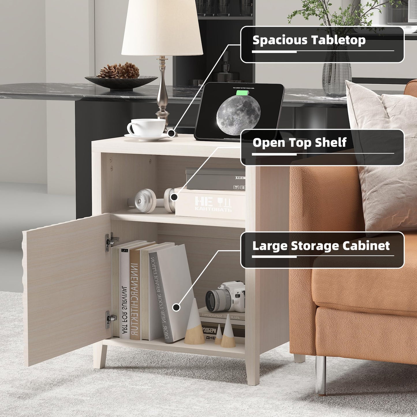 Modern Nightstand Side Table with USB Charging Port, Diamond Pattern Drawer, Black (2, Light Brown)
