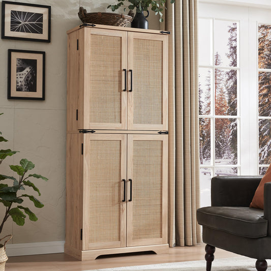 ACCOHOHO 72" Tall Kitchen Pantry with Natural Rattan Doors, Storage Cabinet with Organizer, Drawer and Adjustable Shelves, Wicker Cupboard for Kitchen, Dining Room, and Hallway, Natural Oak