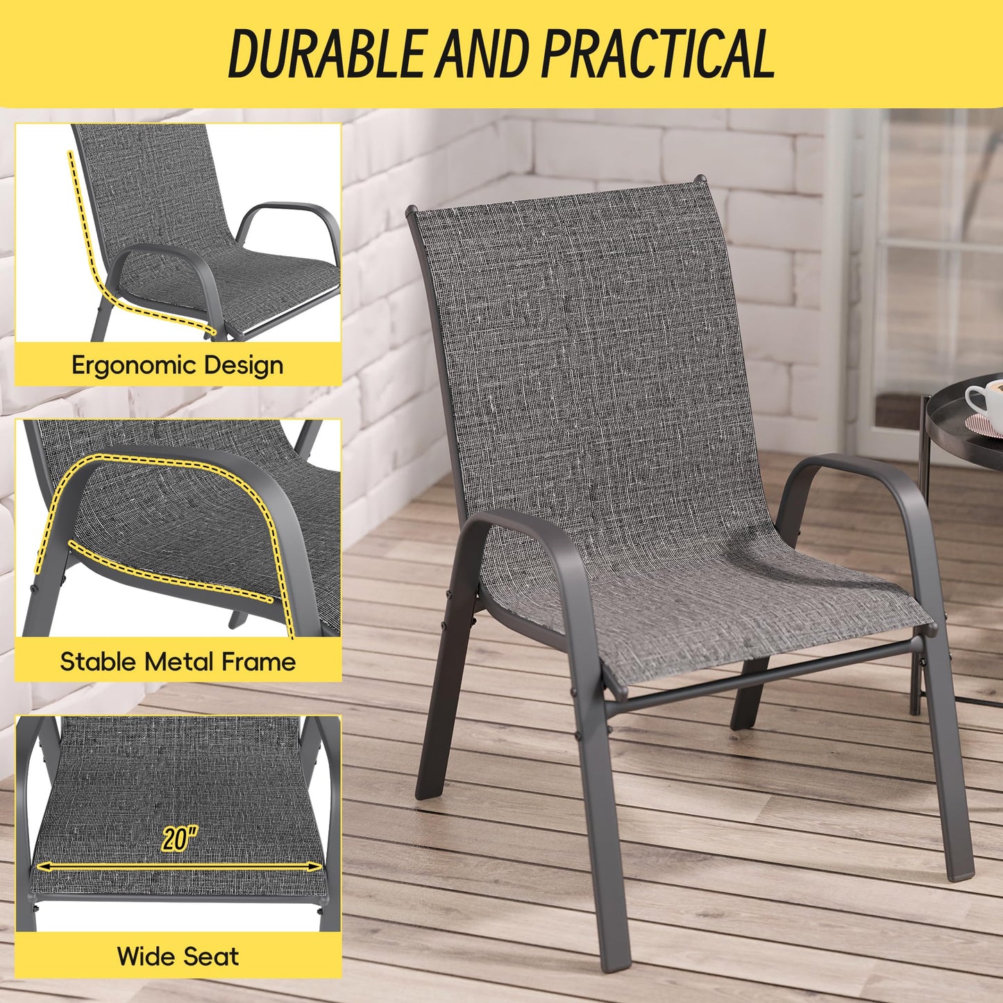 Betterhood Patio Chairs Set of 4, Stackable Outdoor Dining Chairs Set with Breathable Seat Fabric, All-Weather Powder-Coated Metal Frame for Deck, Pool Side and Backyard, 350LBS Capacity (Grey)