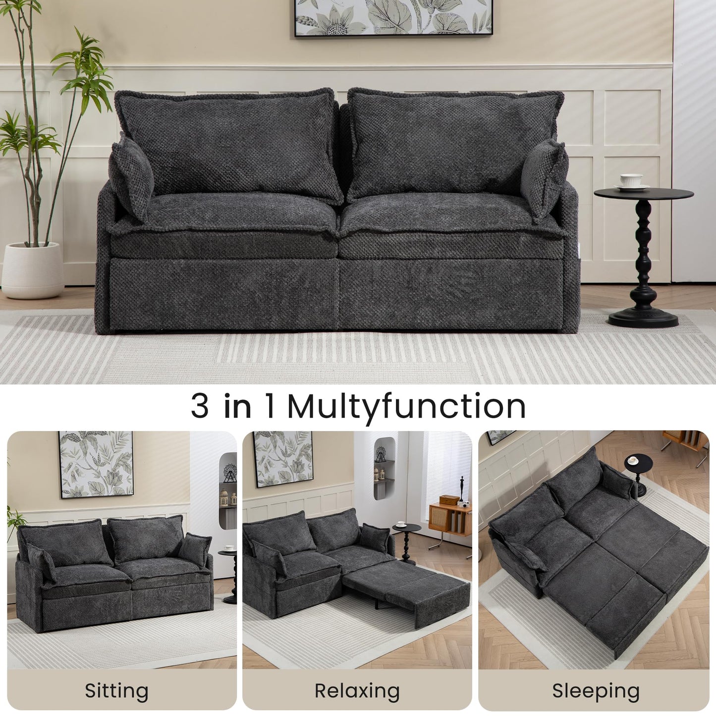 GRAINLLE King Size Pull Out Couch Bed,Convertible Loveseat Sleeper Sofa Couch with Pull-Out Bed, USB Charging & Side Storage,3-in-1 Corduroy Sleeper Sofa Bed for Living Room, Bedroom(Grey, 73.6'')