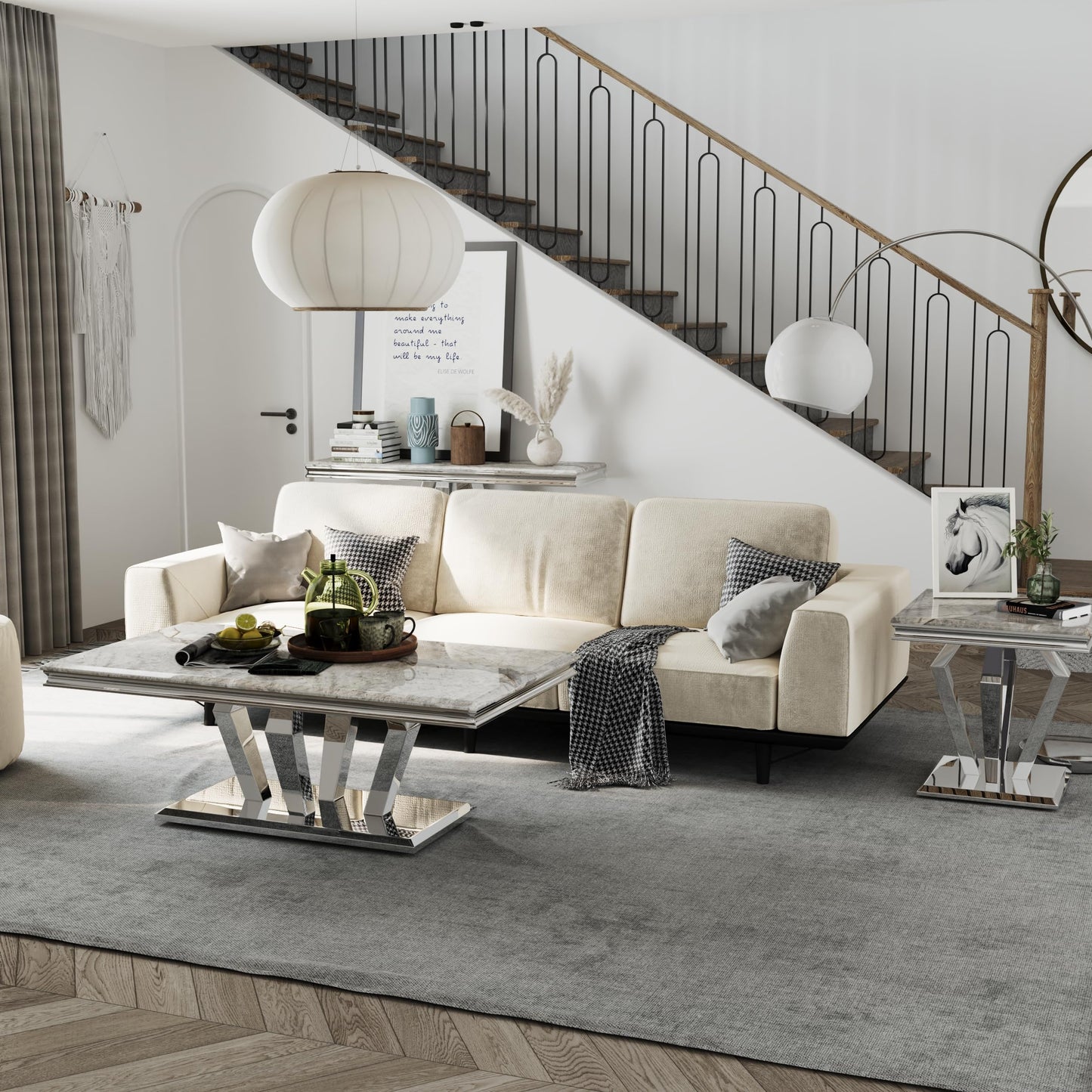 ACEDÉCOR 22" Square End Table, Silver Side Table with Graceful Grey Striped Top and Mirrored Diamond Shaped Base, Heavy Duty Corner Table for Living Room, Sofa, Couch