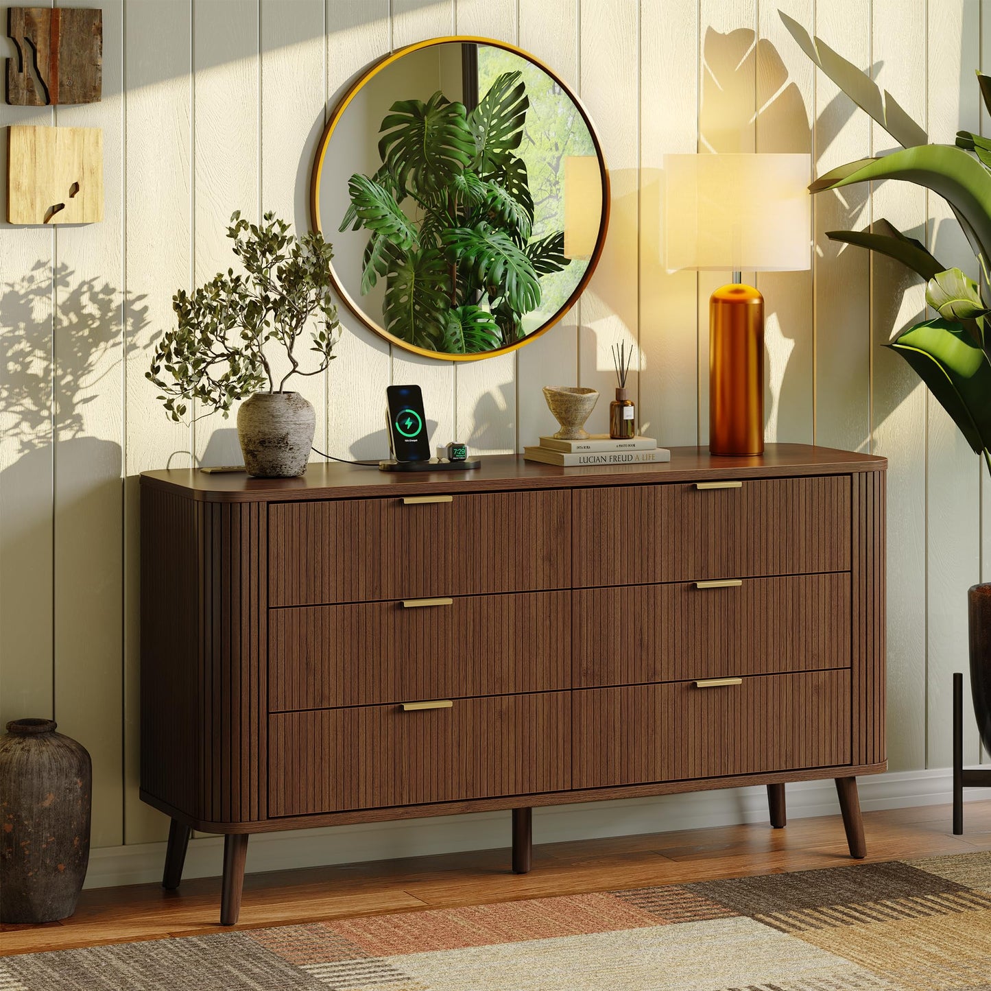 Fluted 6 Drawer Dresser with Charging, 57" Wide Wood Dresser TV Stand, Mid Century Modern Long Dressers with Curved Profile Design for Closet, Bedroom Living Room, Hallway, Entryway, Home Office
