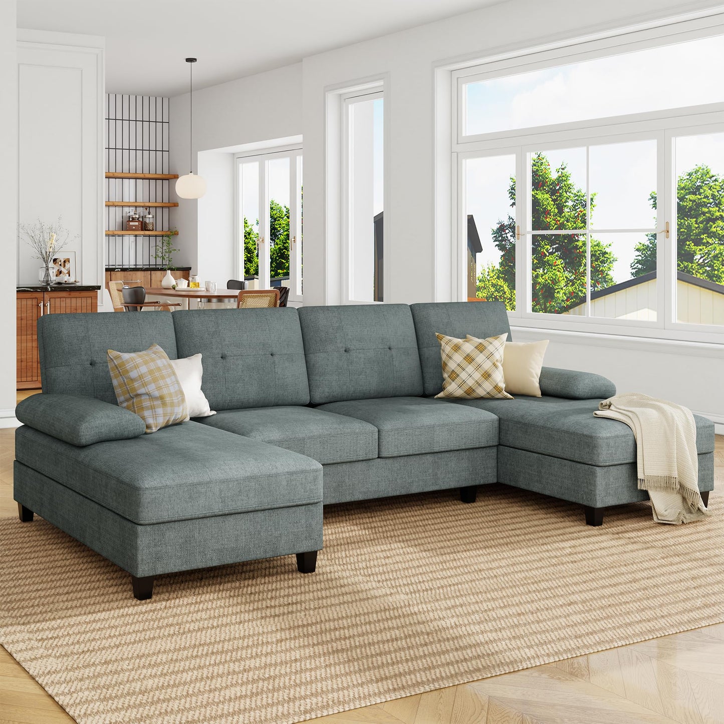 Nutually U Shaped Sectional Couches for Living Room, 4-Seat Sofa Set with Double Chaise, Modular Sectional Sofa Couch for Apartment, Reception Room（Dark Gray）