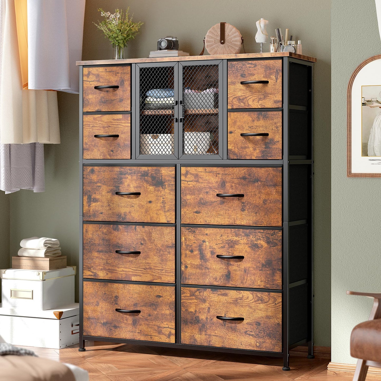 Romorgniz Tall Dressers for Bedroom with 10 Drawers, Chests of Drawers with Large Metal Mesh Door, Closet, Hallway, Rustic Brown 48.2" H x 38.1" W x 11.8" D