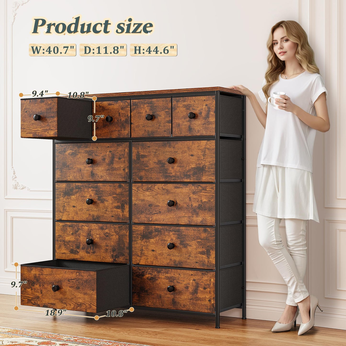 Romorgniz Tall Dressers for Bedroom with 12 Drawers, Fabric Storage Dressers & Chests of Drawers, Sturdy Metal Frame, Wood Top, Closet, Entryway, Bedroom Furniture (Rustic Brown)