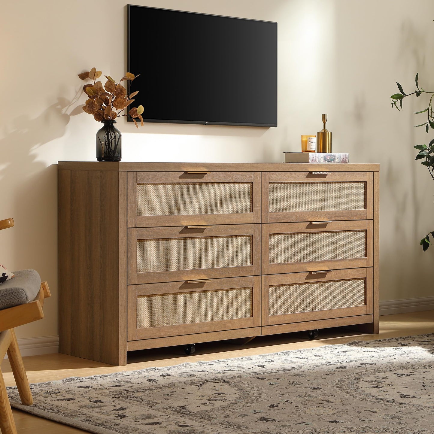 SICOTAS Rattan Dresser for Bedroom, 56.9" Wide 6 Drawer Dresser with Ample Storage, Dressers Large Chest of Drawers, Closet, Boho TV Stand for Bedroom (Reclaimed Caramel Oak, 1 Piece)