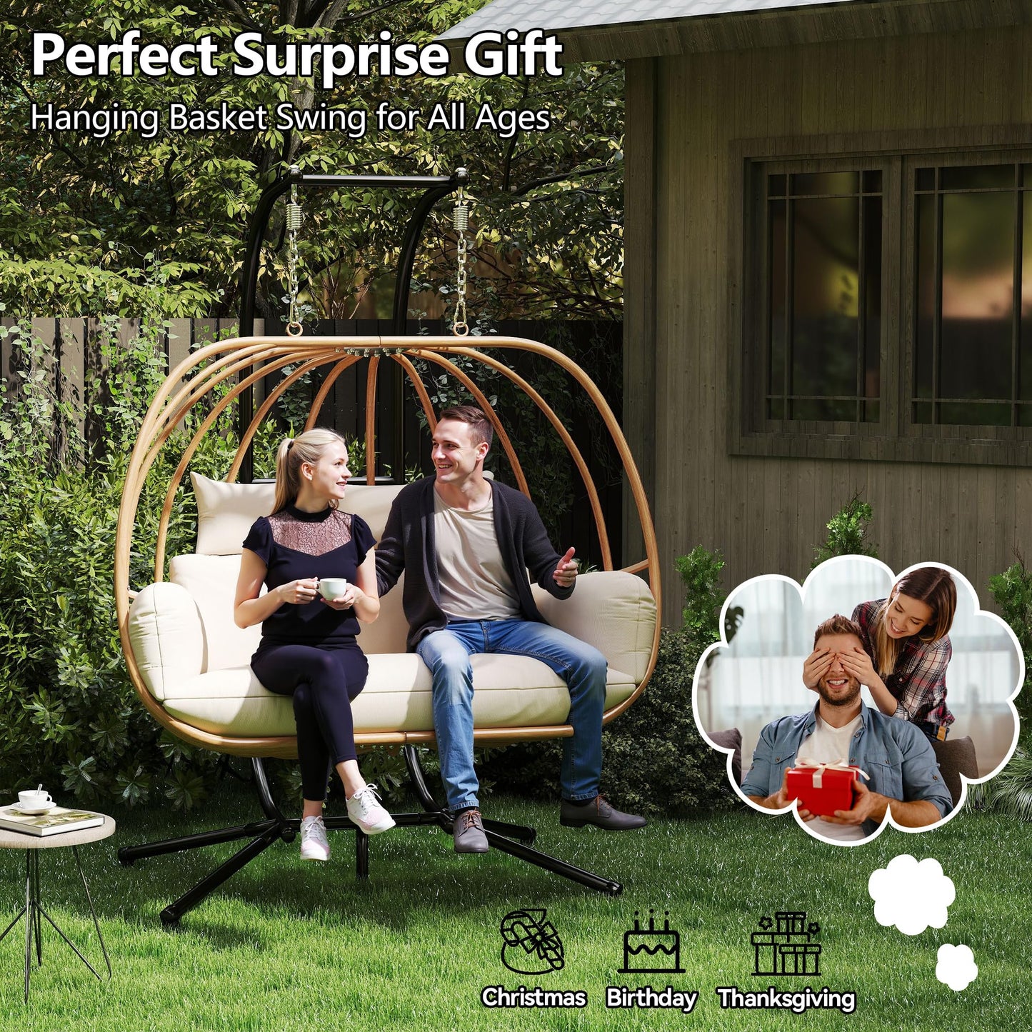 DAYARUS Hanging Chairs with Stand, All Weather Egg Chair Outdoor, Double Outdoor Egg Swing Chairs, 2 Person Patio Swing Chairs, Modern Egg Swing with Cushions, Metal Balcony Basket Loveseat, Beige