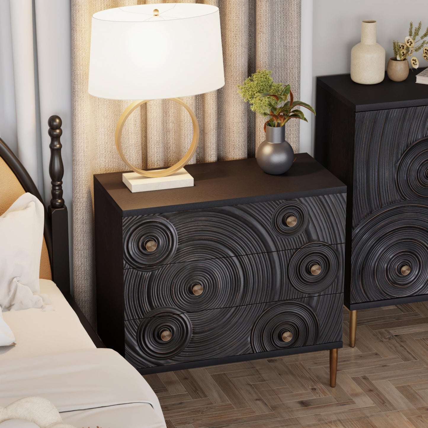 Aoikax Farmhouse 3 Drawer Dresser with Ring Motif, Disstressed Boho Nightstand for Bedroom, Entryway, French Country, Embossed, Black & Gold