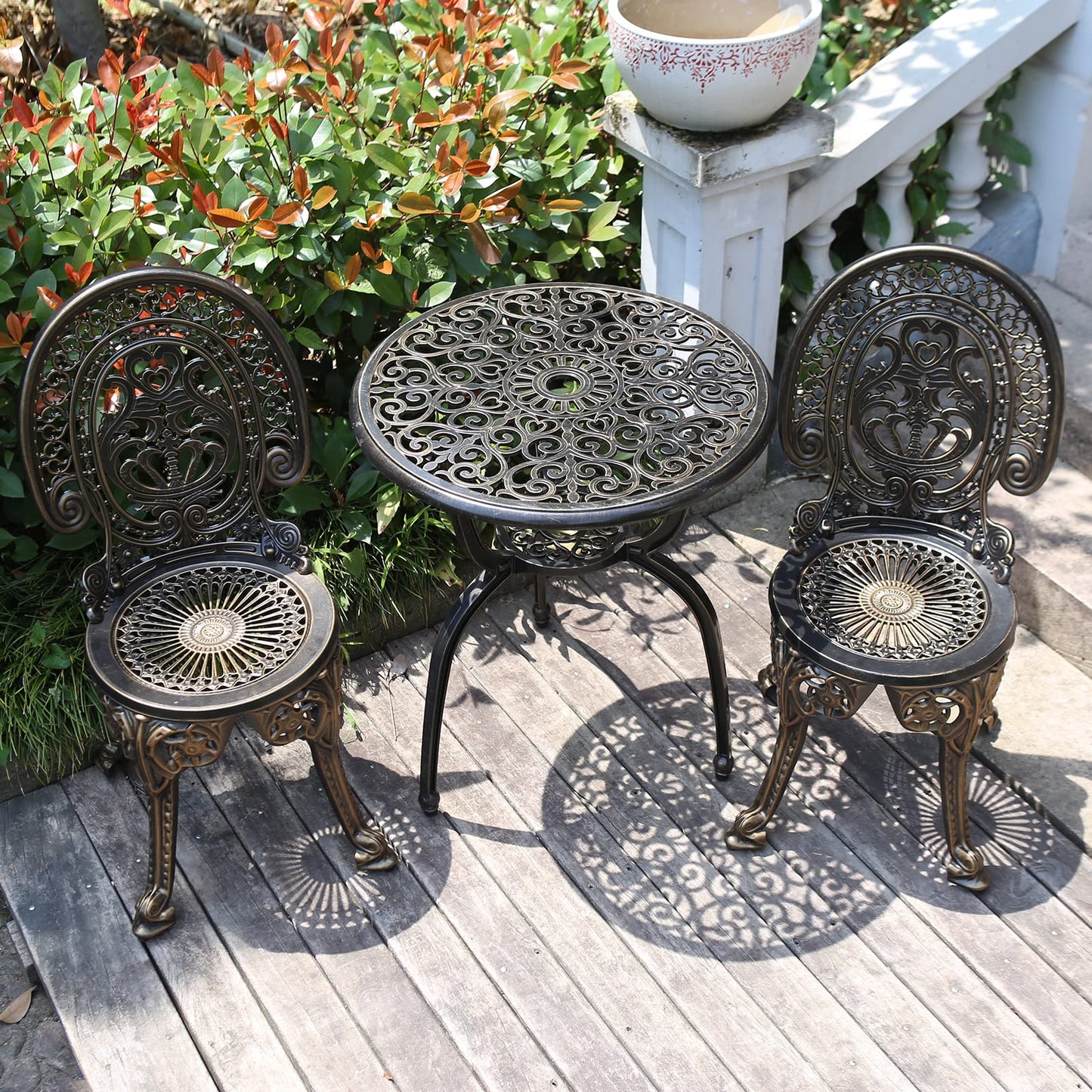 JARDIN DE CENTENNIAL Patio Bistro Set.Rust-Resistant Cast Aluminum Bistro Table Set with Umbrella Hole for Backyard (Crown Copper)