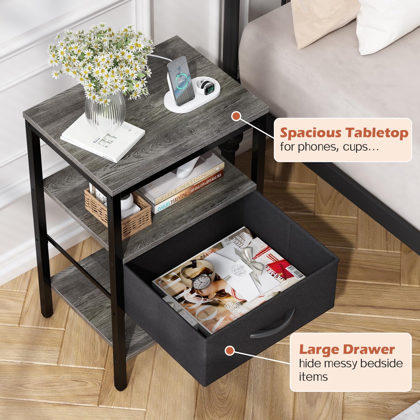 SUPERJARE Nightstand with Charging Station, Bed Side Table with Adjustable Fabric Drawer, Night Stand for Bedroom, 3-Tier Storage End Table, for Living Room, Charcoal Gray
