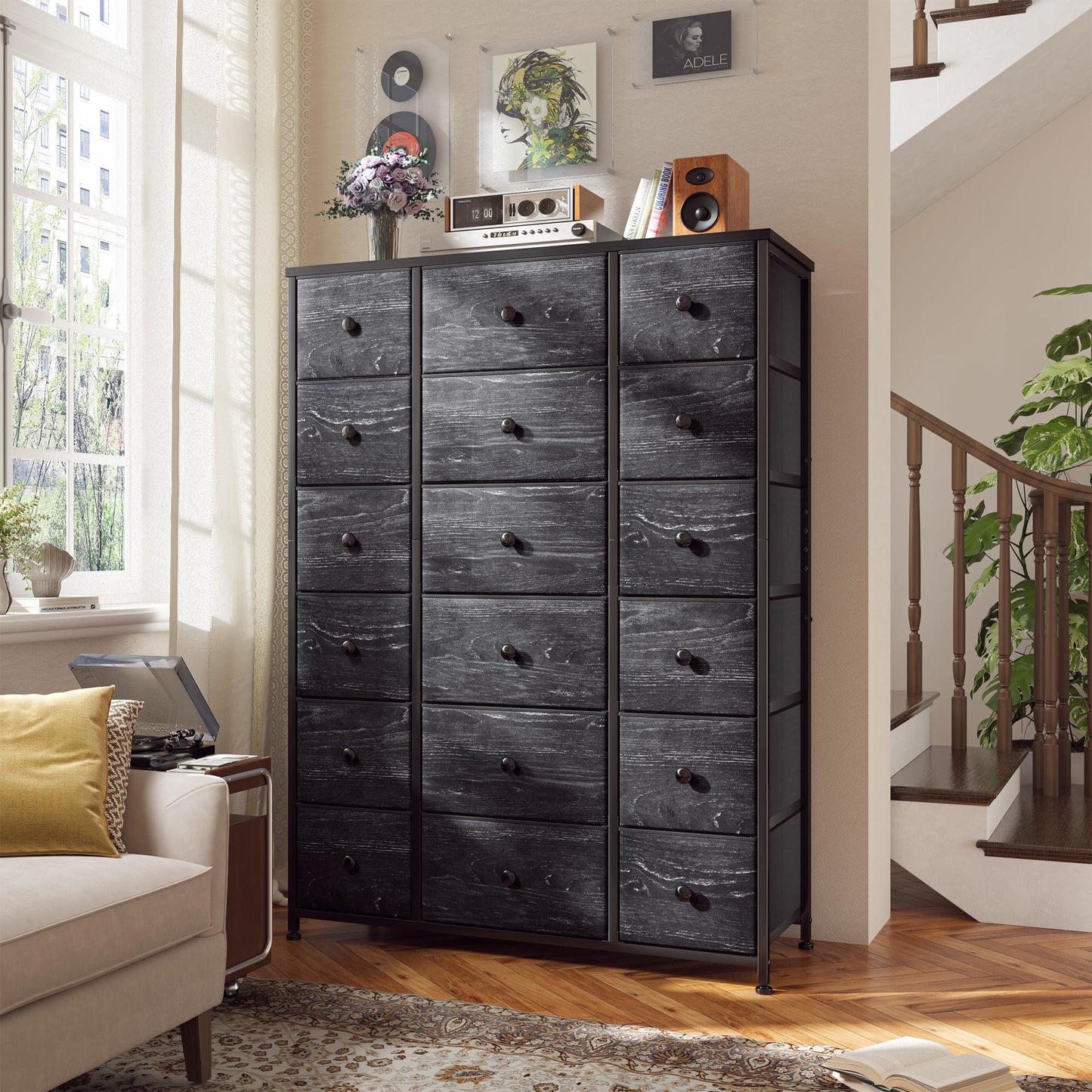 EnHomee 57.7" H Tall Dresser for Bedroom with 18 Drawers, Dressers & Chests of Drawers Fabric Dresser with Wooden Top & Metal Frame,Living Room, Closet, Hallway, Black Wood Grain