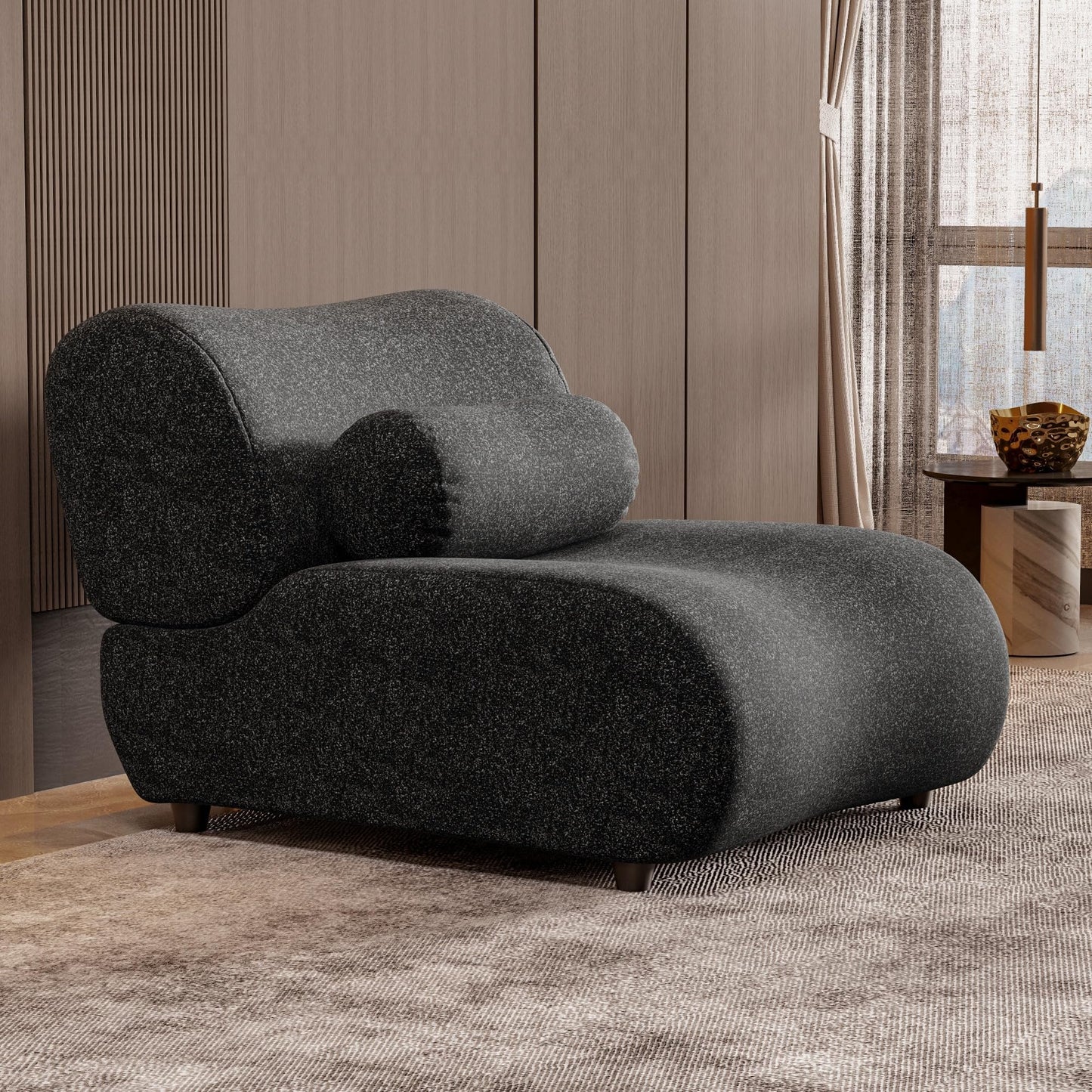 ALYIAMXL Modular Chaise Lounge Chair Indoor, Chenille Sectional Sofa with Moveable Headrests & Cylindrical Pillows, Hidden Legs Design for Living Room,Small Spaces(Black)