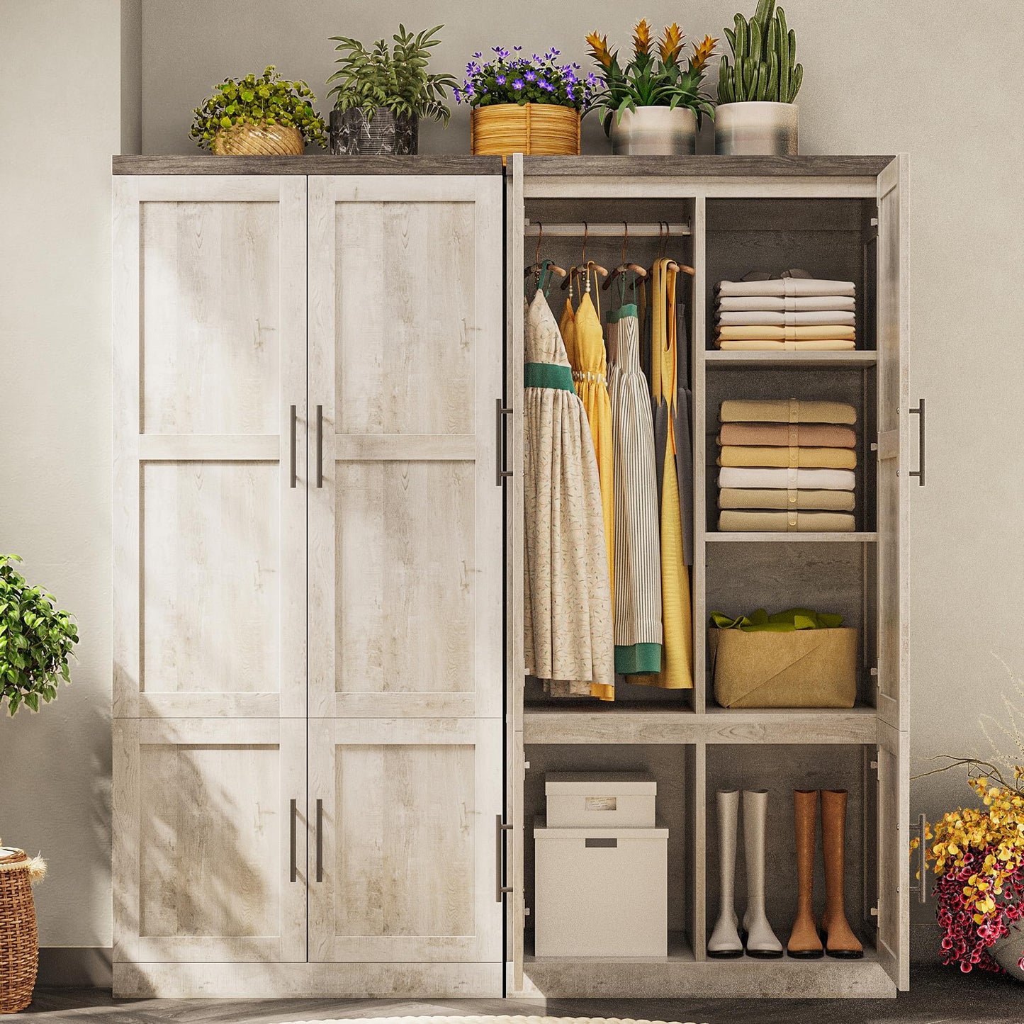 LIKIMIO Large Wardrobe Closet, Farmhouse Clothing Storage Cabinet with Hanging Rod and 2 Doors, Wooden Tall Bedroom Armoires with Storage Shelves, Rustic White