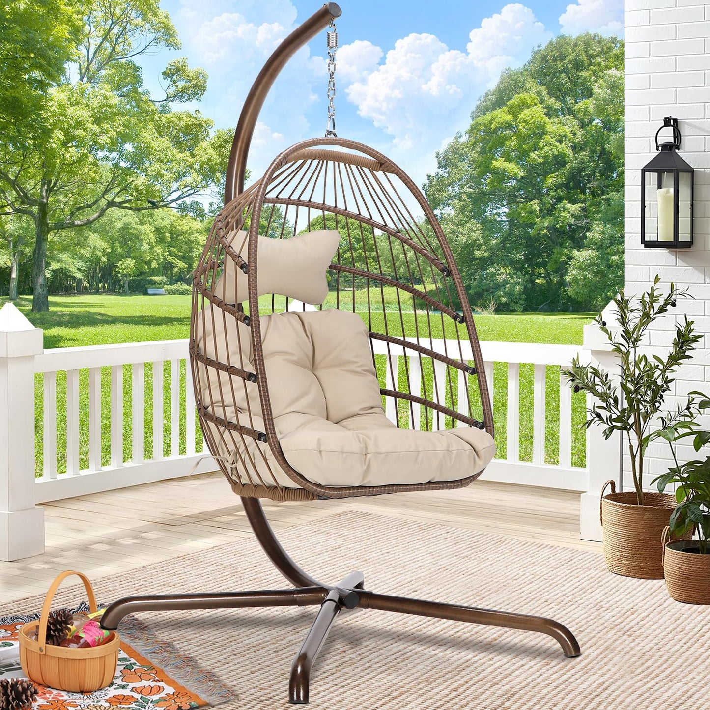 RADIATA Wicker Egg Swing Chair with Stand for Outside, Outdoor Comfy Hanging Egg Patio Chairs with Thick Cushion, 350Lbs Durable Swinging Rattan Chair for Bedroom Porch Backyard Balcony, Brown, Tan