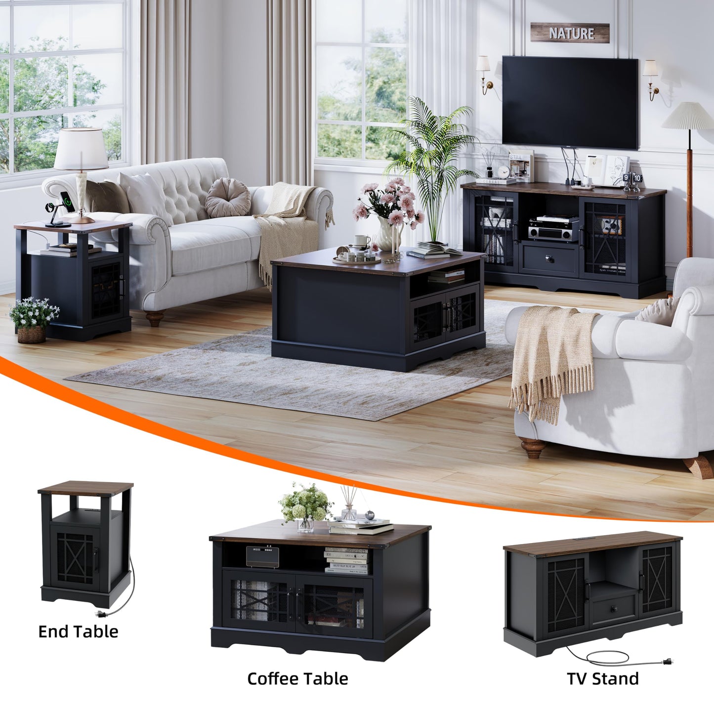 Night Stand with Charging Station Farmhouse End Table for Living Room, Black Nightstand for Bedroom Furniture, Storage Cabinet with Open Shelf, Wood Bed Side Tables for Living Room Couch or Sofa